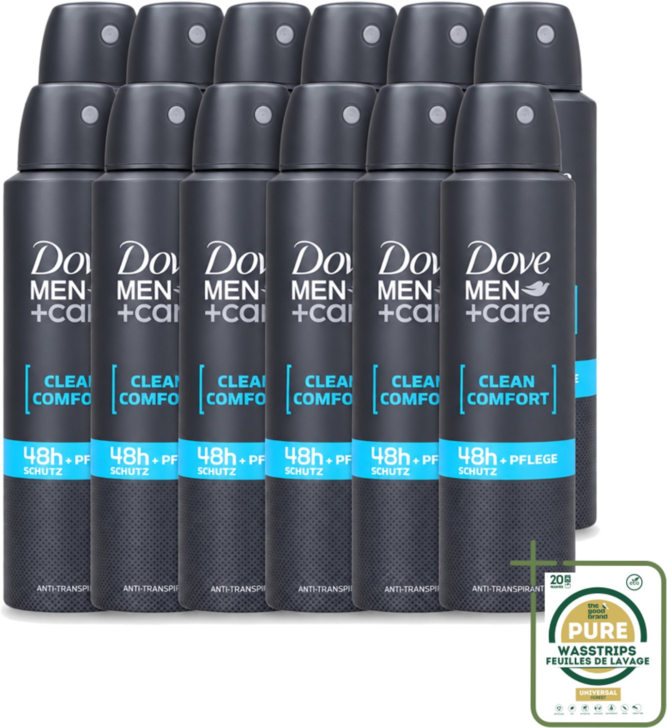 12 x Dove Men+Care - Clean Comfort - Deospray - Anti-Transpirant - 150 ml - Wasstrips - Dove Men+Care - Deospray - Frisheid - Transpiratie - Huidbescherming