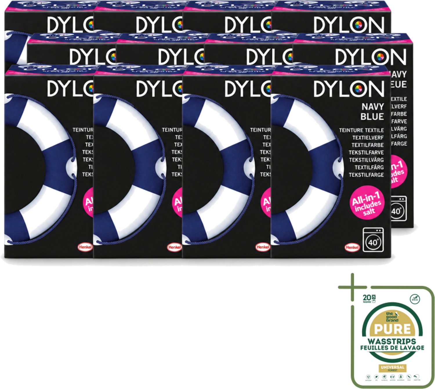 12 x Dylon - Textielverf - Navy Blue - All-in-One - Inclusief Zout - 350g - Wasstrips - Textielverf - Kleding Verven - Kleurstof - Katoen Verven - Stof Verven