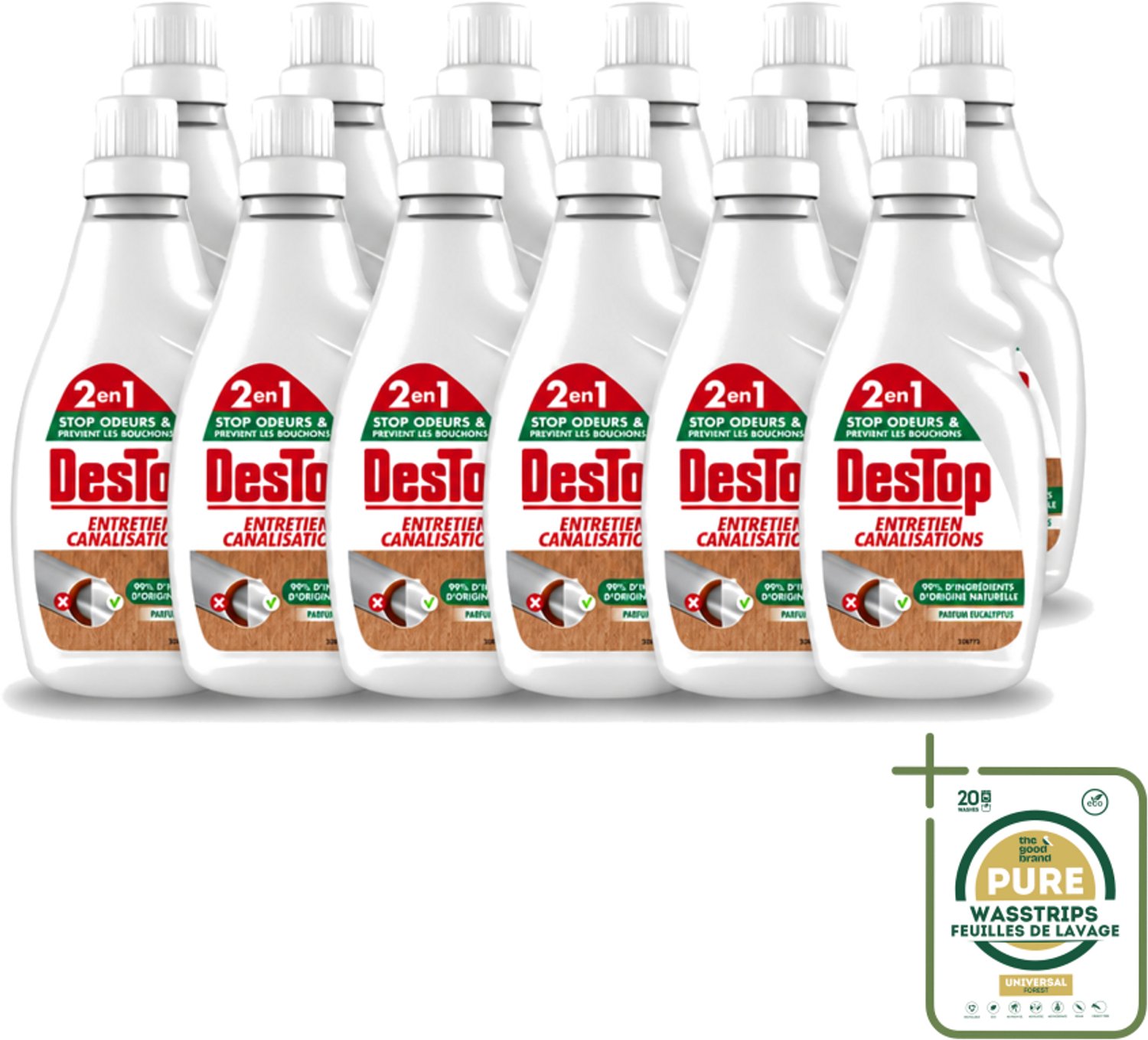 12 x DesTop - Onderhoud Leidingen - Ecologisch met Witte Azijn - Natuurlijke Ingrediënten - Eucalyptusgeur - 750 ml - Wasstrips - Leidingen Onderhouden - Ecologisch Onderhoud - Witte Azijn - Natuurlijke Reiniging - Eucalyptusgeur