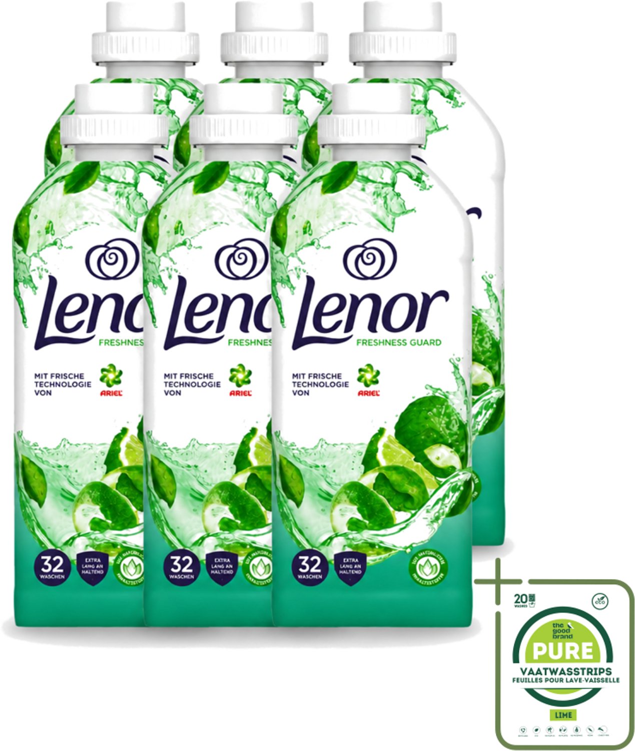 6 x Lenor – Wasverzachter – Freshness Guard – 32 Wasbeurten – 800 ml - Grootverpakking - Vaatwasstrips - Wasverzachter - Frisheid - Geur - Geurprofiel - Geurtjes
