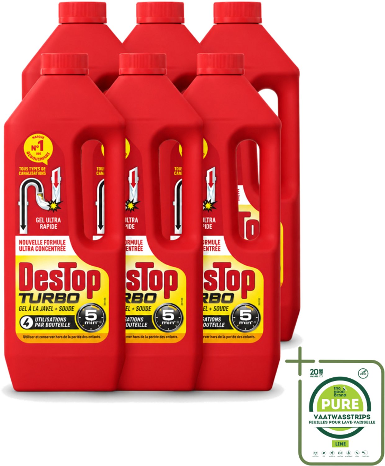 6 x Destop - Ontstopper - Turbo Gel - 1 L - Grootverpakking - Vaatwasstrips - Ontstoppen - Afvoer - Verstopping - Ontstopmiddel - Afvoerleiding