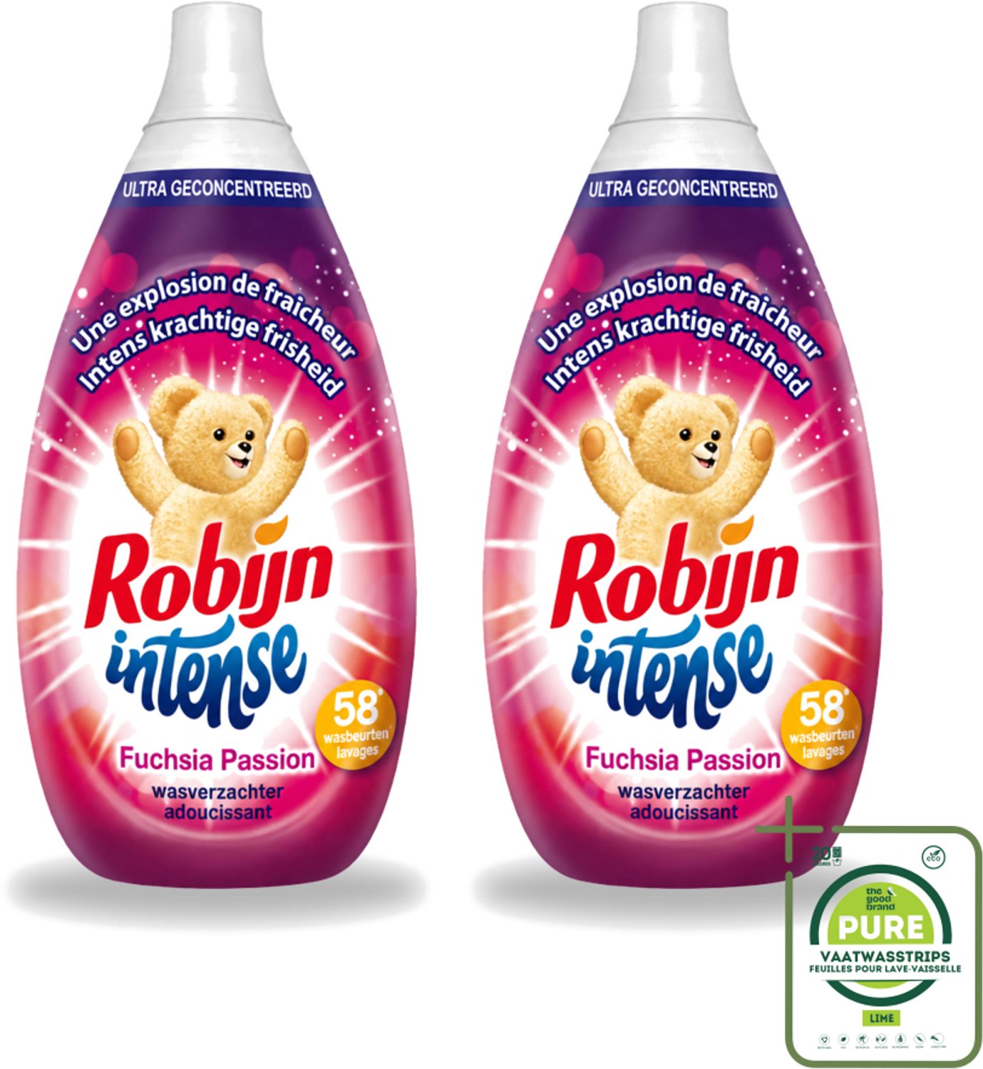 2 x Robijn Intense - Wasverzachter - Intense Fuchsia Passion - 870ml - 58 Wasbeurten - Grootverpakking - Vaatwasstrips - Wasverzachter - Wasverzachter Fuchsia Passion - Wasverzachter Robijn Intense - Wasverzachter Fuchsia - Wasverzachter Voor Kleding