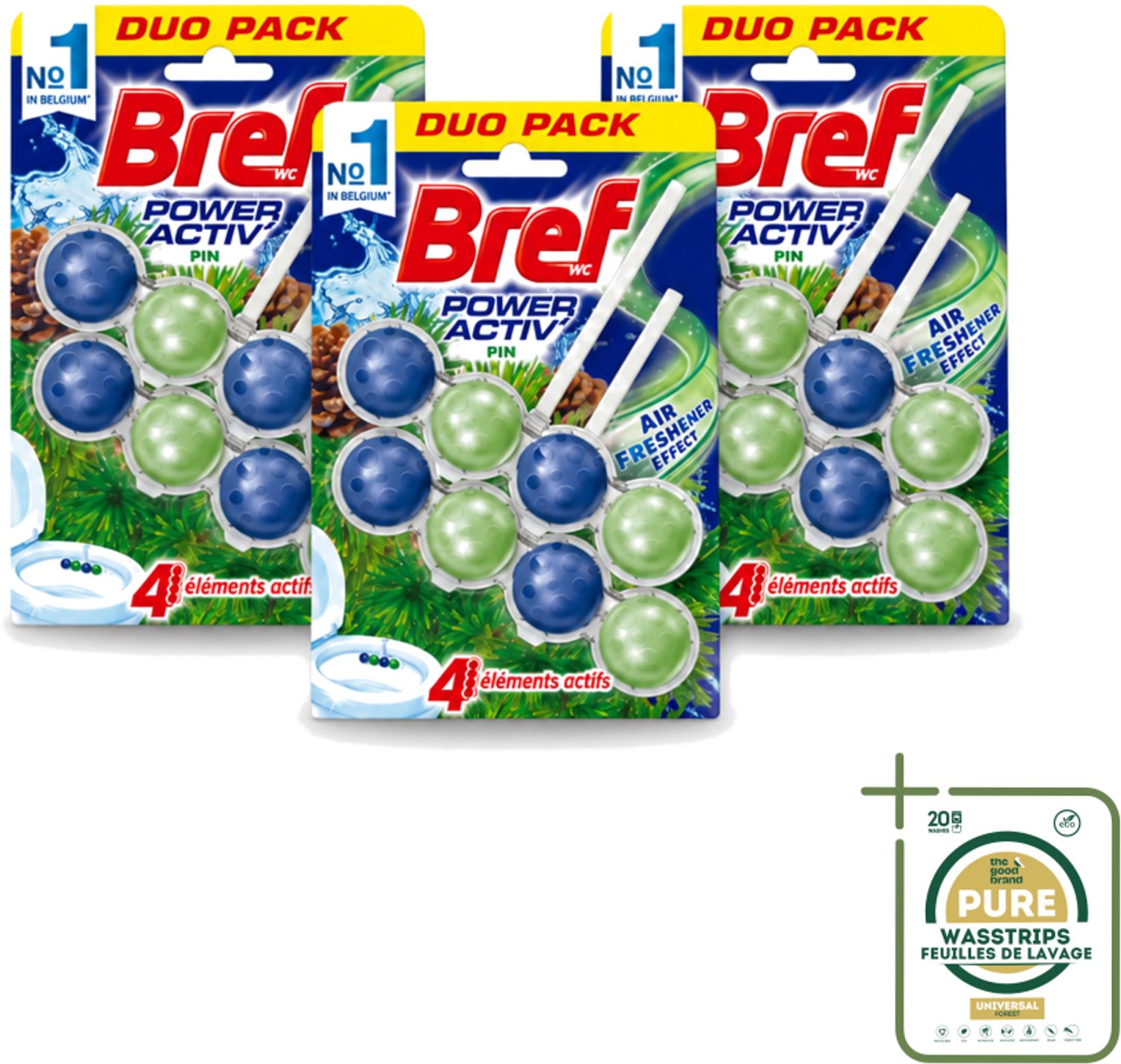 3 x Bref WC - Power Activ+ - Toiletblok - Den - 2 Blokken - Wasstrips - Toilet Reinigen - Wc Blok - Kalk Bestrijden - Frisse Geur - Toilet Hygiëne