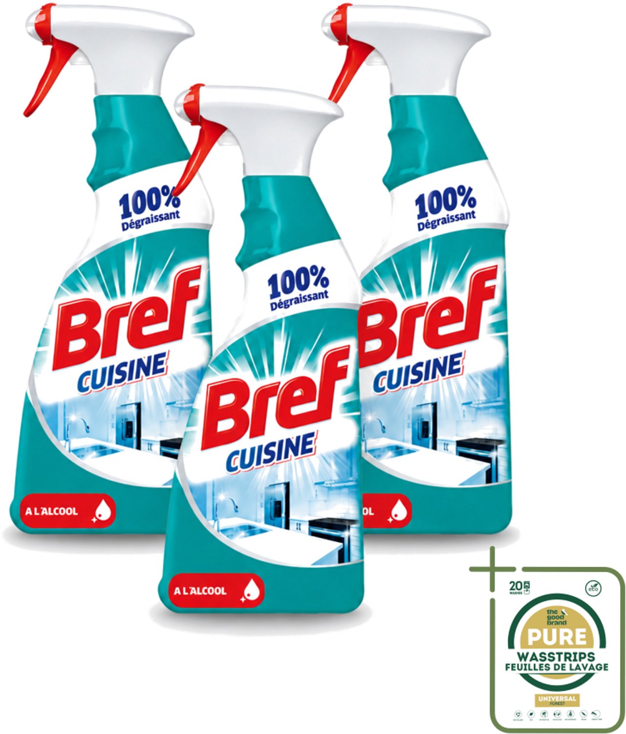 3 x Bref Keuken - Reinigingsspray - Ontvetter - Met Alcohol - 750 ml - Wasstrips - Keuken Reinigen - Ontvetter - Keuken Spray - Werkblad Reinigen - Keuken Hygiëne