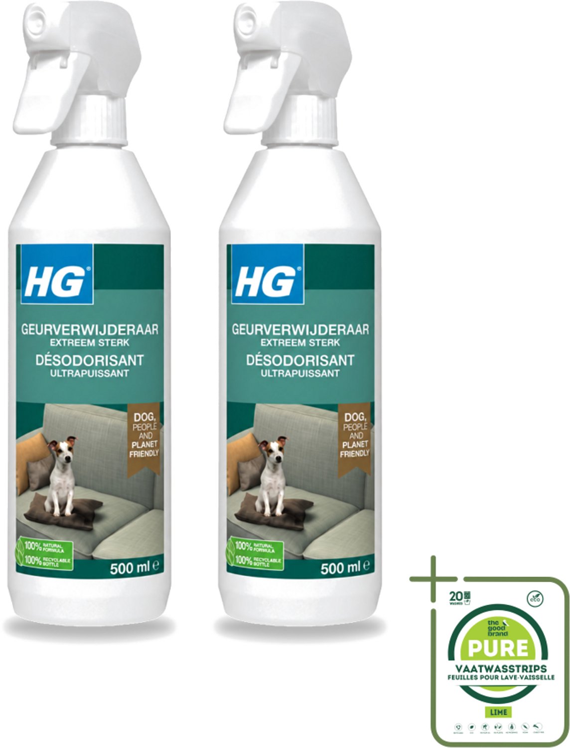 2 x HG - Geurverwijderaar Hond Spray - Extreem Sterk - Werkt Binnen 30 Minuten - 100% Biologisch - 500 ml - Grootverpakking - Vaatwasstrips - Geurverwijderaar Hond - Hond Geur - Geur Neutraliseren - Geurverwijderaar - Hond Geurproblemen