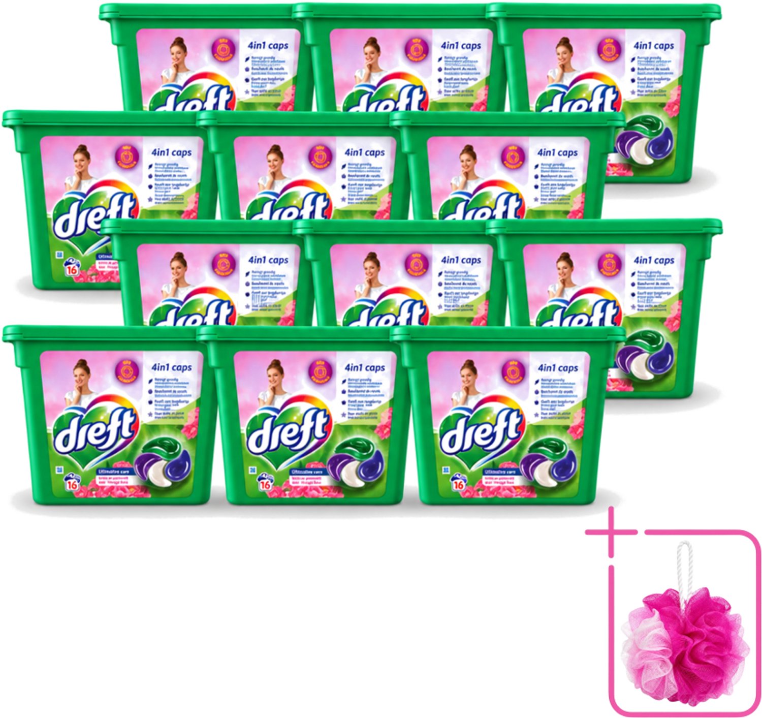12 x Dreft - Wasmiddelcapsules 4in1 - Witte en Gekleurde Was - Vleugje Roze - 16 Wasbeurten - Bulkverpakking - Wasmiddelcapsules - Douchemop - Was