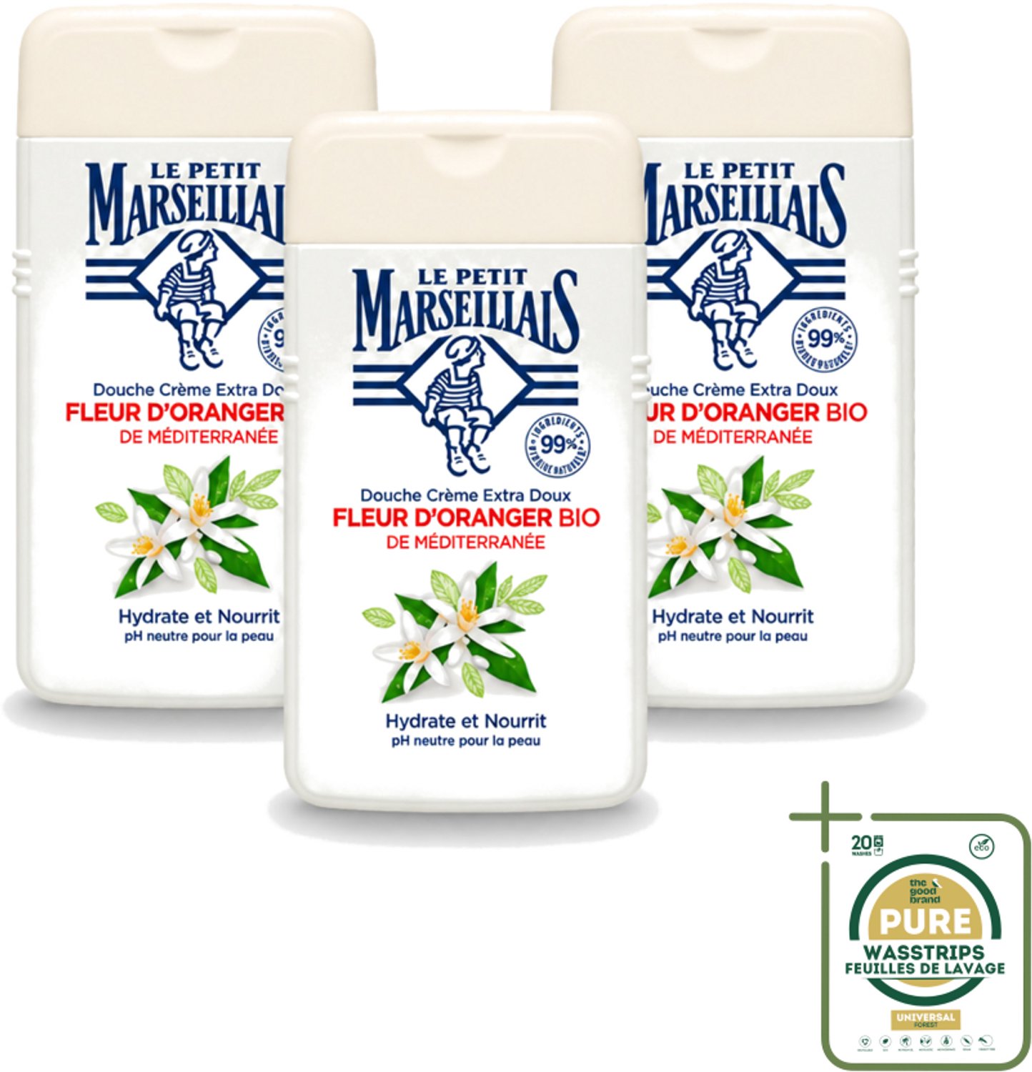 3 x Le Petit Marseillais - Douchecrème - Oranjebloesem - Hydraterend - 250ml - Wasstrips - Douchecrème - Hydraterende Douchecrème - Oranjebloesem - Huidverzorging - Milieuvriendelijke Douchecrème