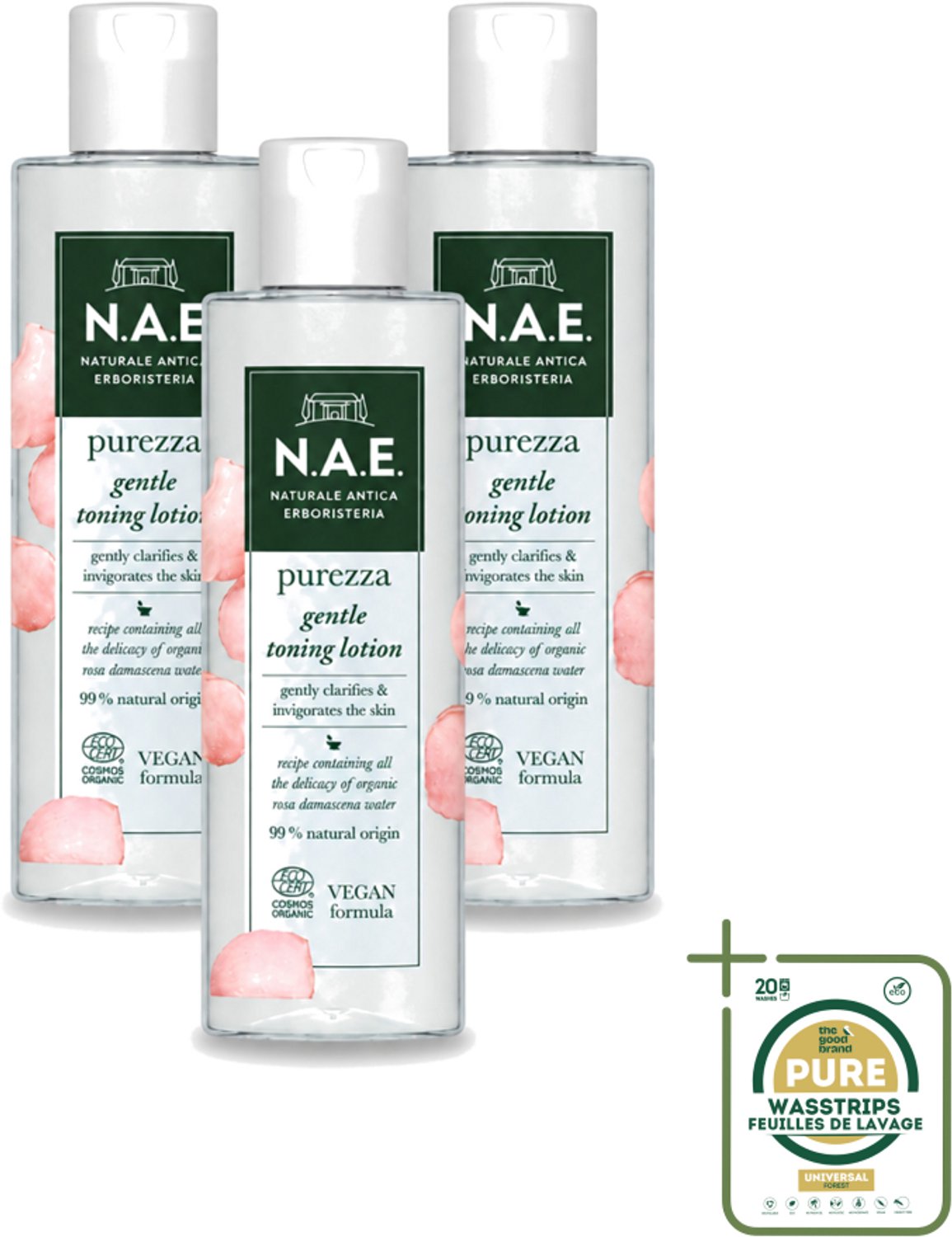 3 x N.A.E. - Toning Lotion - Zuiverend & Hydraterend - Biologisch & Vegan - 200ml - Wasstrips - Natuurlijke Huidverzorging - Biologische Toning - Rozenwater - Huidzuivering - Huidhydratatie