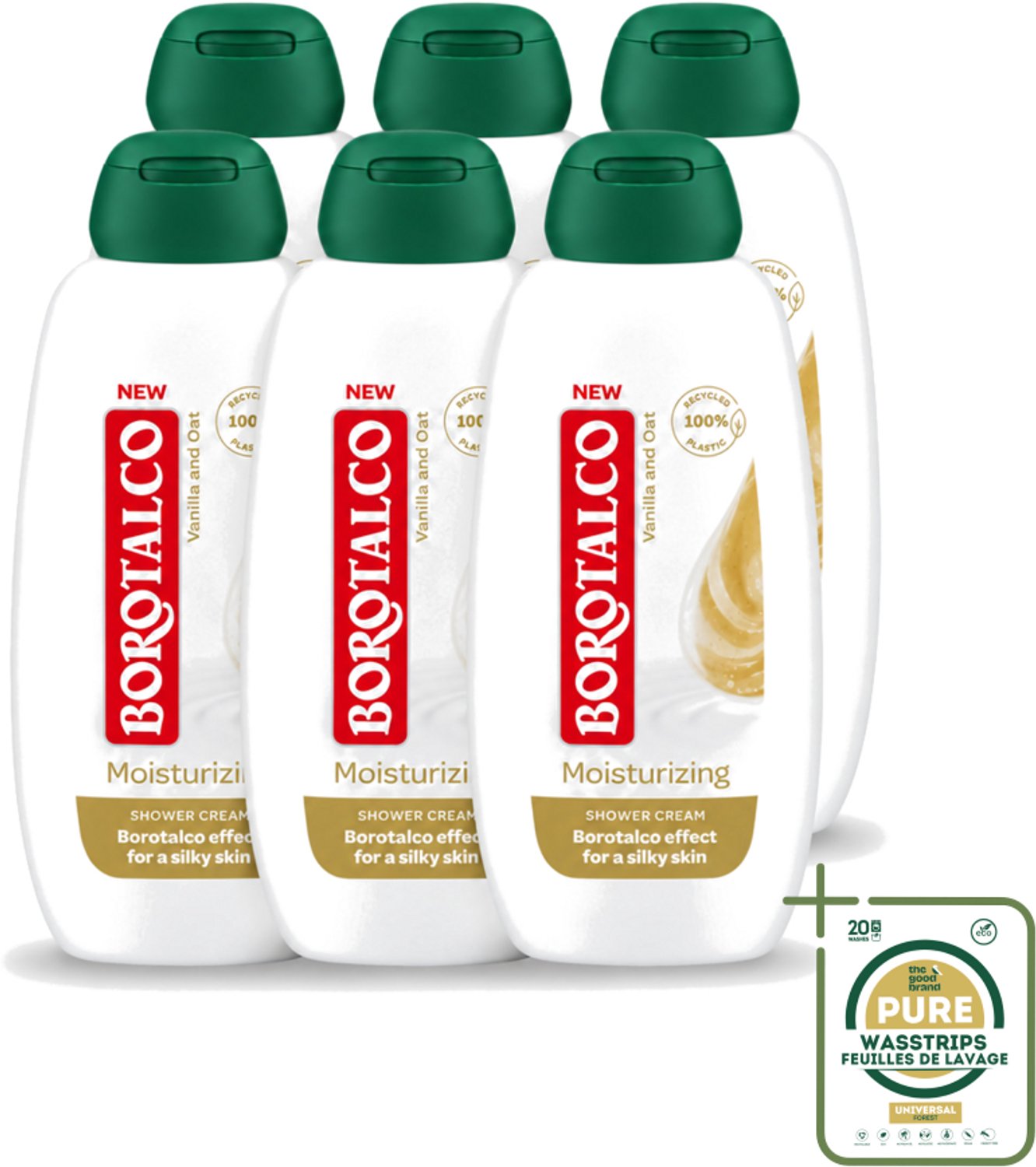 6 x Borotalco - Douchegel - Moisturizing - Vanilla & Oat - 250 ml - Wasstrips - Douchegel - Huid Verzorgen - Huid Hydrateren - Vanille Geur - Haver Extract