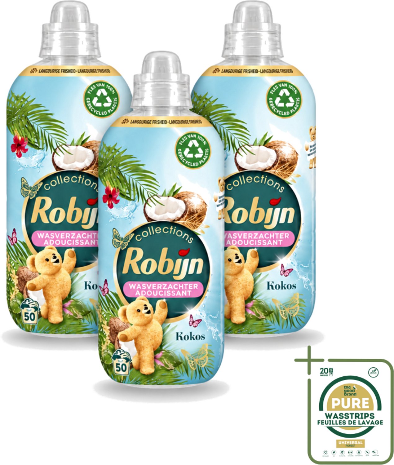 3 x Robijn Collections - Wasverzachter - Kokos - 1,25L - 50 Wasbeurten - Wasstrips - Wasverzachter Kokos - Wasverzachter Voor Kleding - Kokos Geur Wasverzachter - Wasverzachter Voor Wasbeurten - Wasverzachter Met Luxe Geur