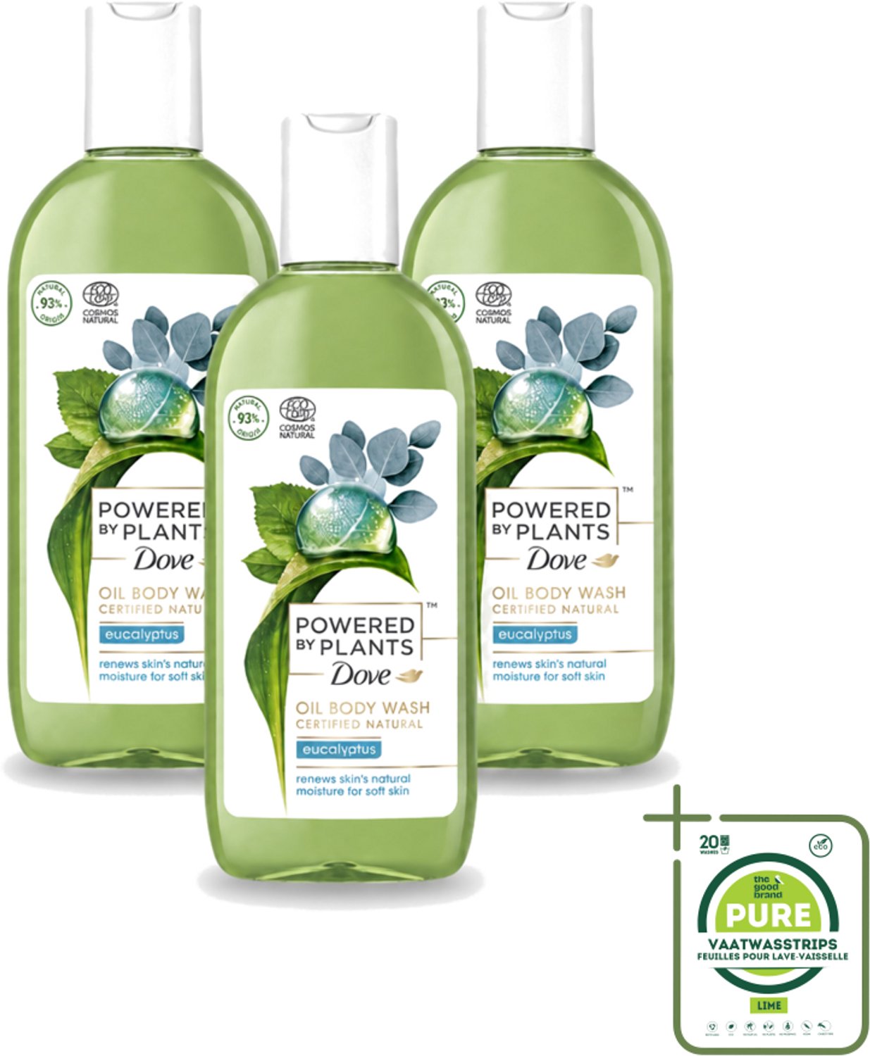 3 x Dove Powered by Plants - Oil Body Wash - Eucalyptus - 250 ml - Grootverpakking - Vaatwasstrips - Natuurlijke Verzorging - Eucalyptus - Olie - Lichaamsschoonmaak - Hydraterende Douche