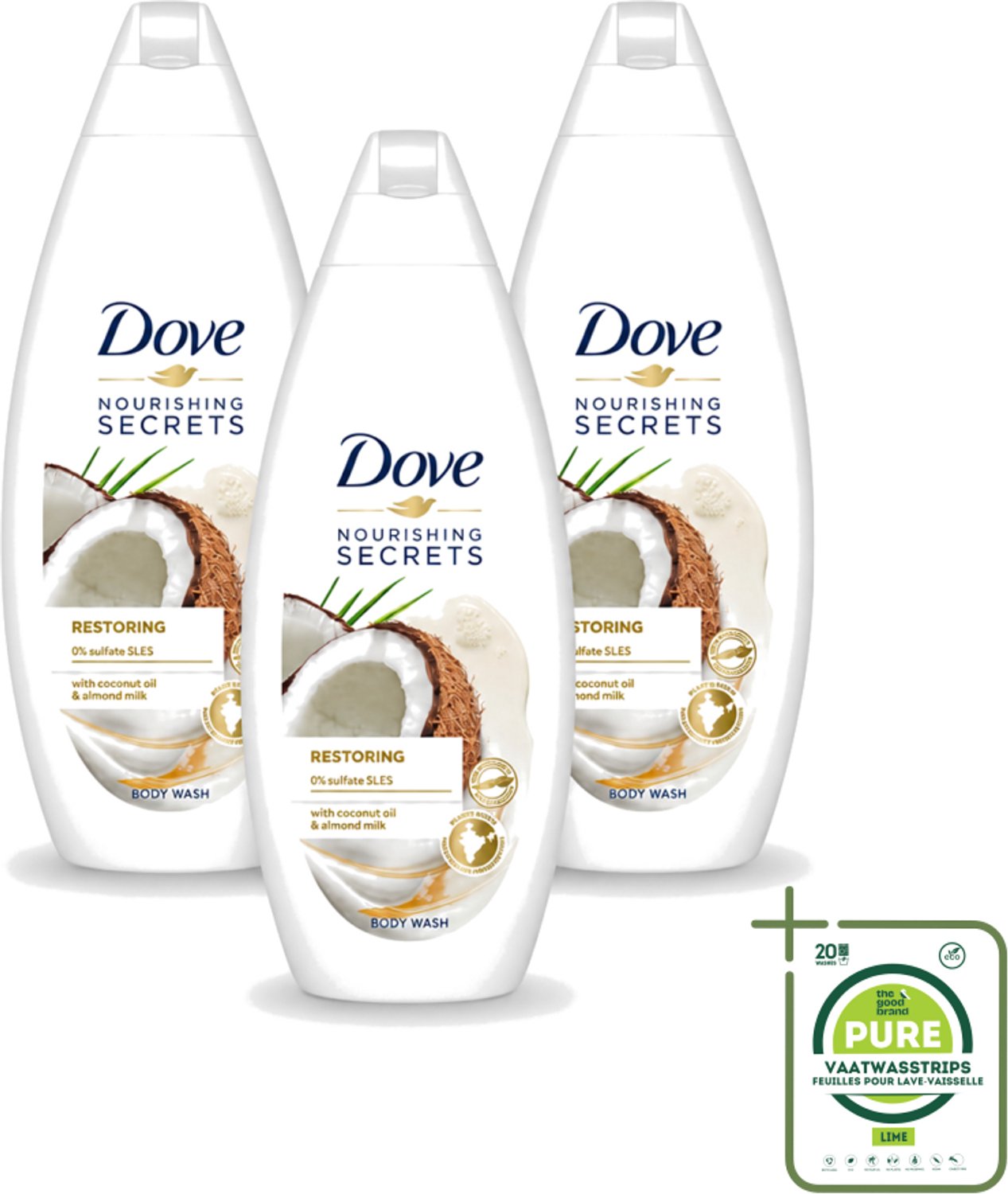 3 x Dove Nourishing Secrets - Douchegel - Kokosolie & Amandel melk - Sulfaatvrij - 250 ml - Grootverpakking - Vaatwasstrips - Douchegel - Kokosolie - Amandelmelk - Natuurlijke Verzorging - Sulfaatvrije Douchegel