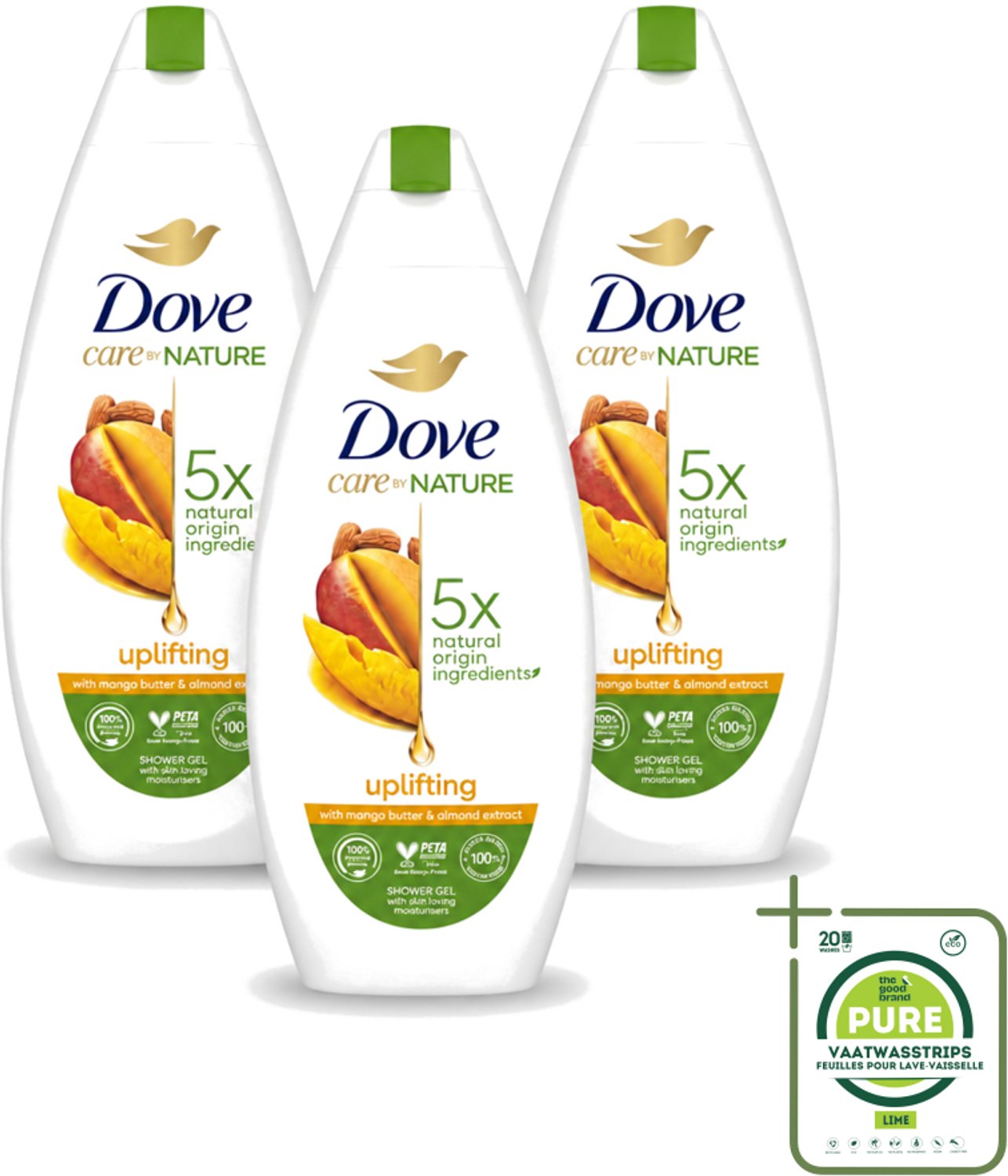3 x Dove Care By Nature - Uplifting - Douchegel - Mangoboter & Almond Extract - 225 ml - Grootverpakking - Vaatwasstrips - Douchegel - Huidverzorging - Opwekkende Douchegel - Hydraterende Douchegel - Mangoboter
