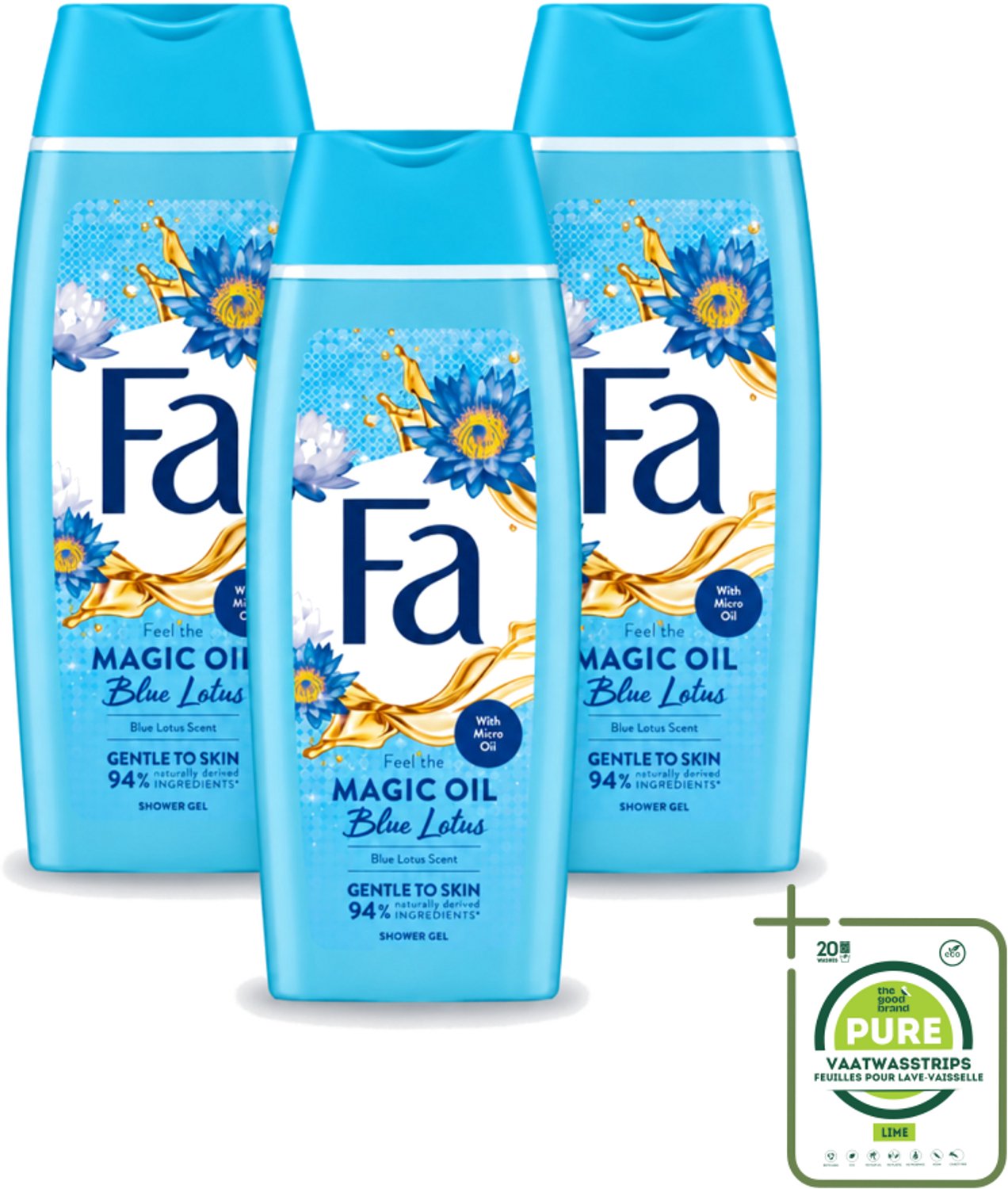 3 x Fa - Douchegel - Magische Olie - Blue Lotus Geur - 250 ml - Grootverpakking - Vaatwasstrips - Douchegel - Hydratatie - Huidverzorging - Zijdezachte Huid - Frisse Geur