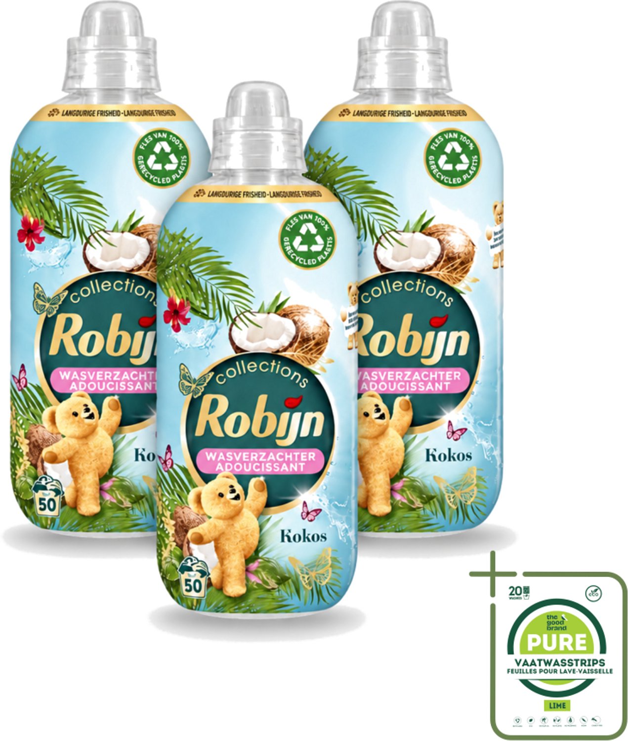 3 x Robijn Collections - Wasverzachter - Kokos - 1,25L - 50 Wasbeurten - Grootverpakking - Vaatwasstrips - Wasverzachter Kokos - Wasverzachter Voor Kleding - Kokos Geur Wasverzachter - Wasverzachter Voor Wasbeurten - Wasverzachter Met Luxe Geur