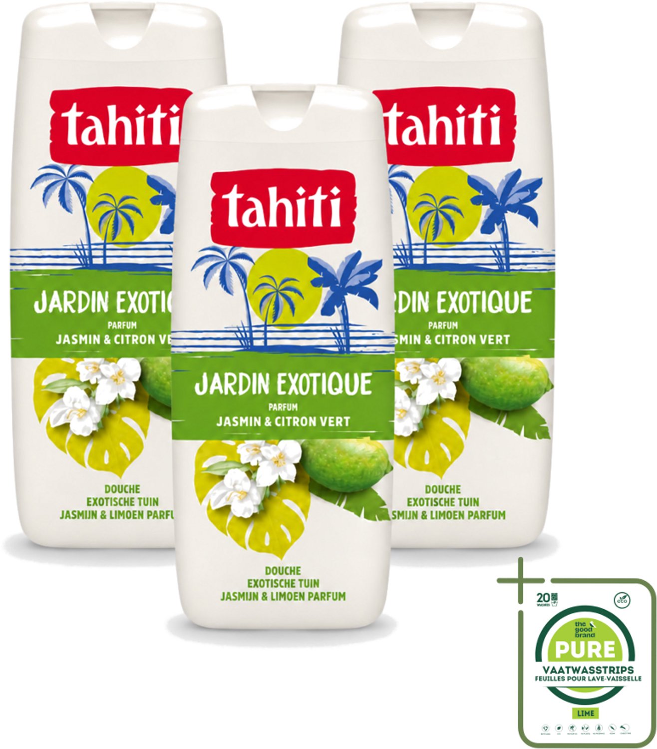 3 x Tahiti – Douchegel – Exotische Tuin Jasmijn & Limoen - 315 ml - Grootverpakking - Vaatwasstrips - Douchegel - Jasmijn - Limoen - Exotisch - Geur