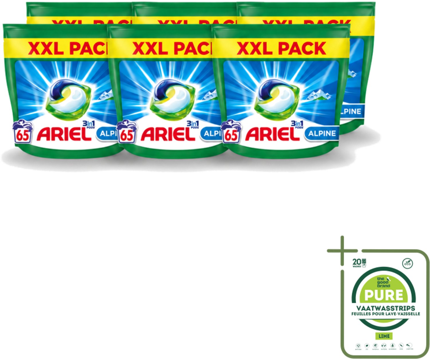 6 x Ariel – Pods 3in1 – Alpine – 1319 g – 65 wasbeurten - Grootverpakking - Vaatwasstrips - Ariel Pods 3in1 Alpine - 65 Wasbeurten - Wasmiddel Pods - Reiniging - Vlekverwijdering