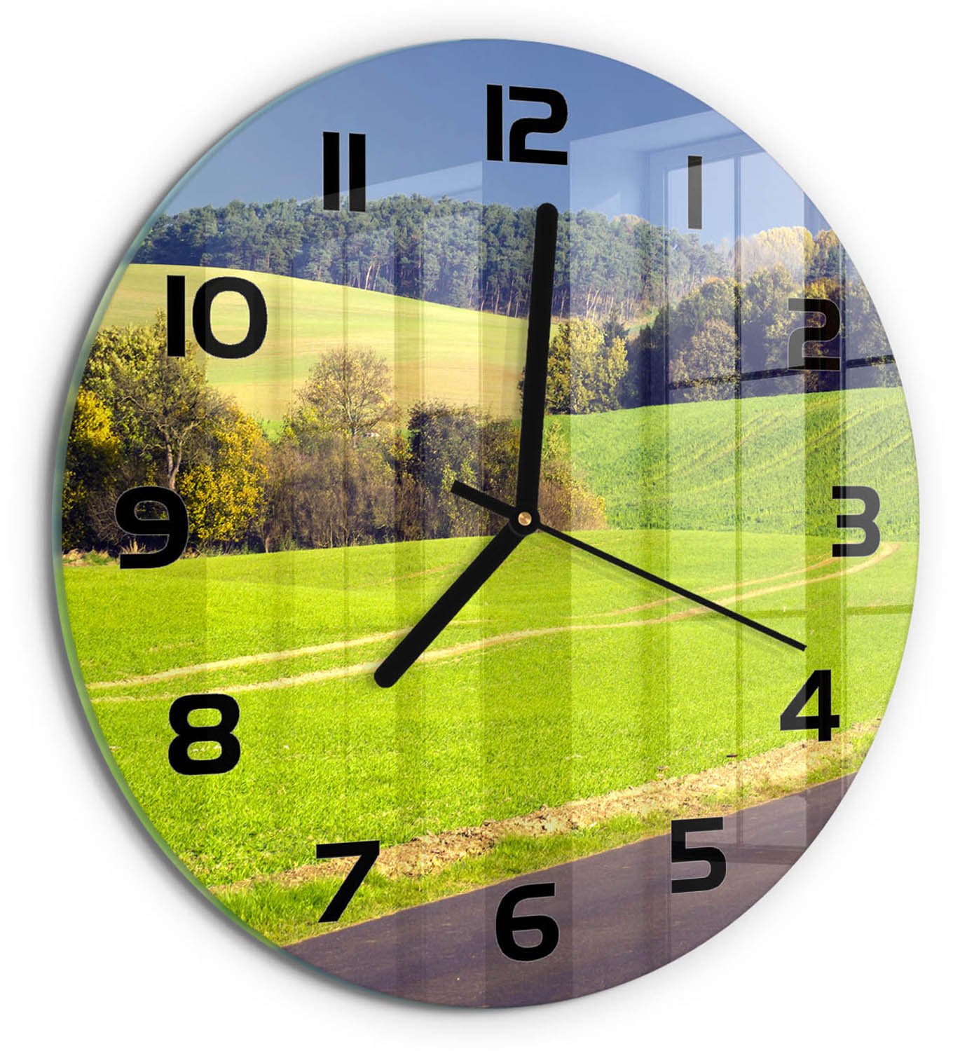 TULUP Wandklok - Onverharde weg Glazen Wandklok Design - fi30 cm - Groente Klok Glas Met Opdruk - Zwarte handen - Ronde Klok - Wandklok Glas Met Motief - Decoratieve Glazen Klok
