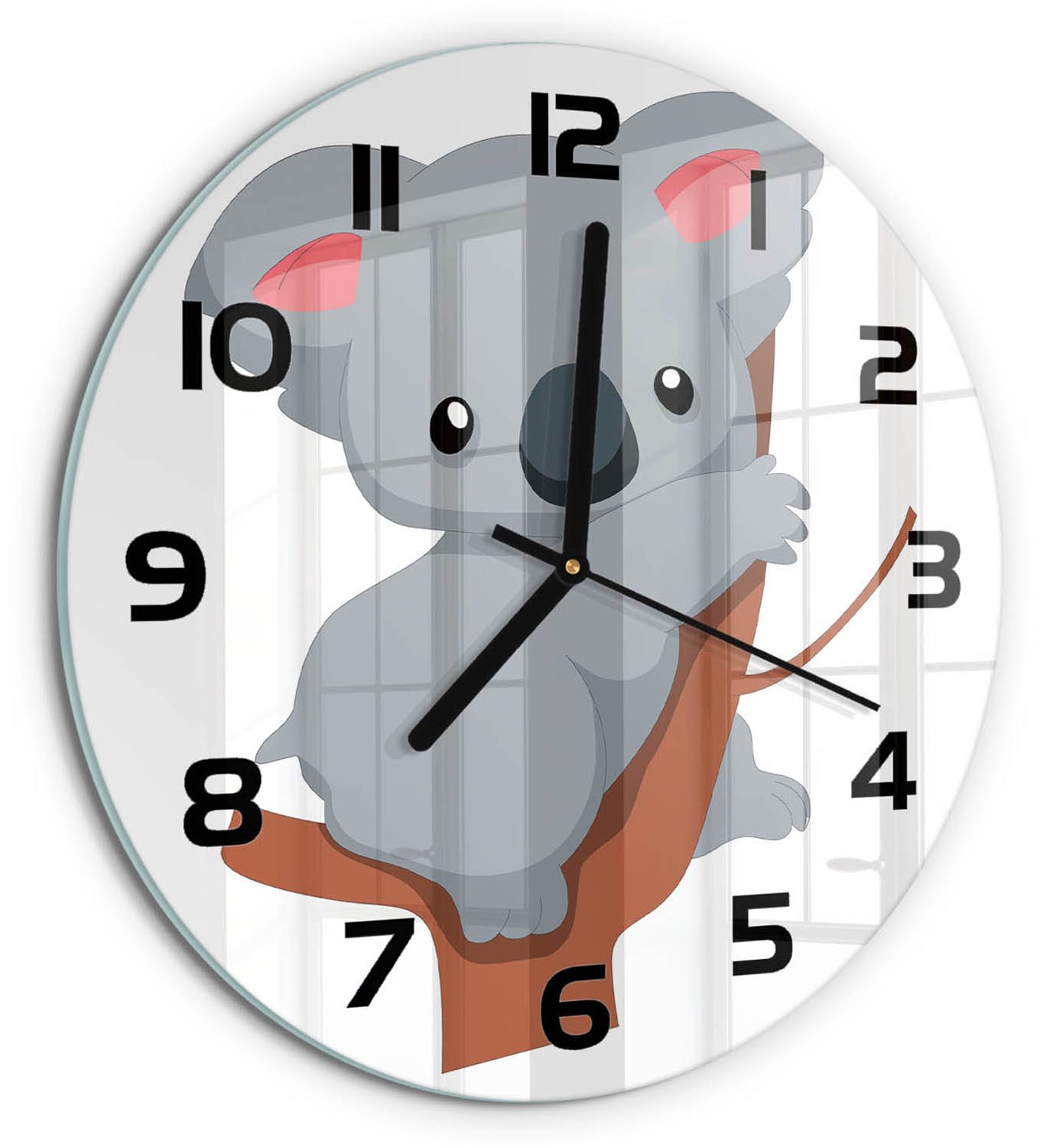 TULUP Wandklok - Koala in een boom Klok Glas Met Opdruk - fi30 cm - Grijs Moderne Wandklok Glas - Zwarte handen - Ronde Klok - Decoratieve Glazen Klok - Glazen Wandklok Design