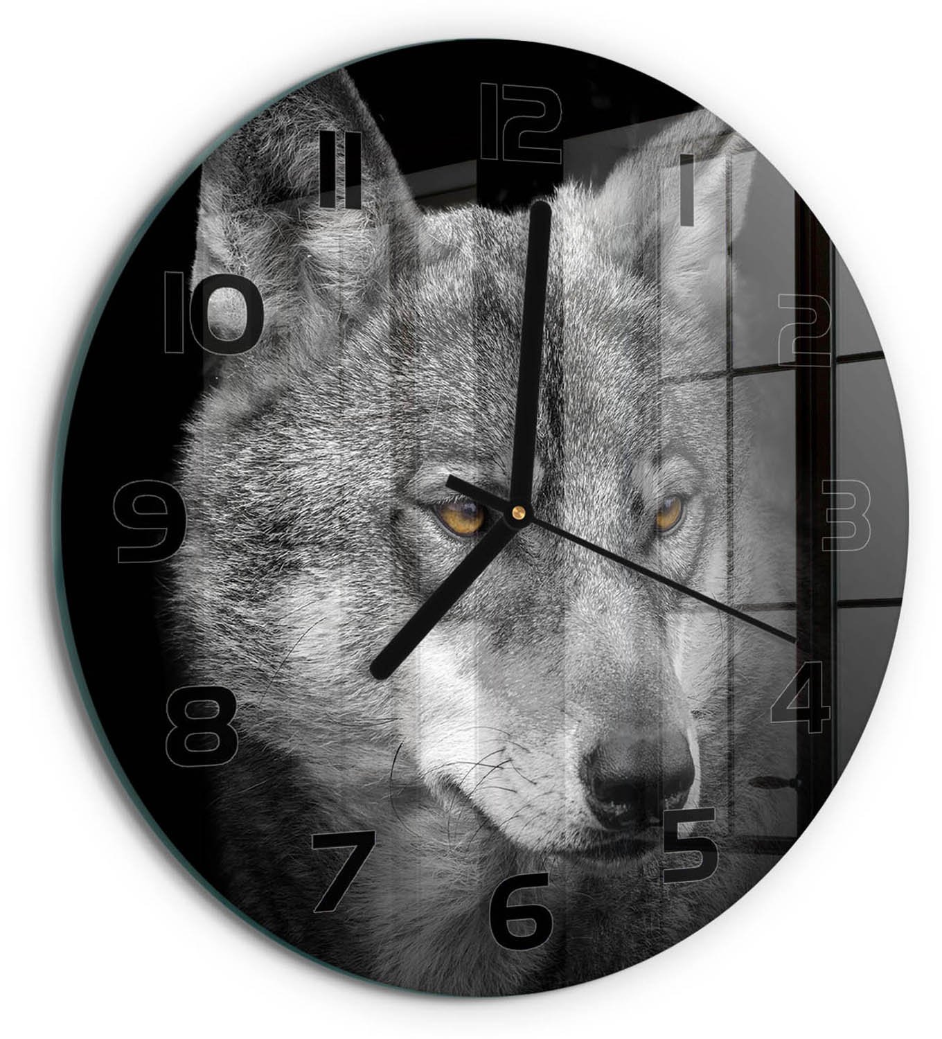 TULUP Wandklok - Wolf Wandklok Glas Decoratie - fi30 cm - Grijs Gekleurde Glazen Klok - Zwarte handen - Ronde Klok - Klok Glas Met Opdruk - Moderne Wandklok Glas