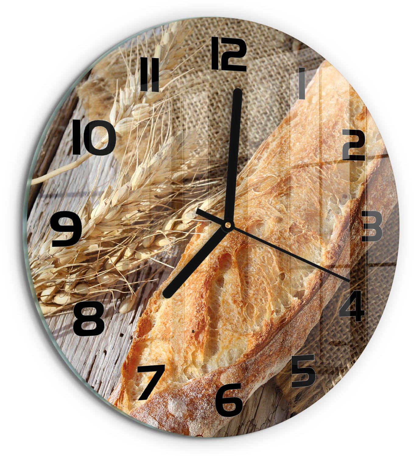 TULUP Wandklok - Verse baguette Klok Glas Met Opdruk - fi30 cm - Beige Moderne Wandklok Glas - Zwarte handen - Ronde Klok - Decoratieve Glazen Klok - Glazen Wandklok Design