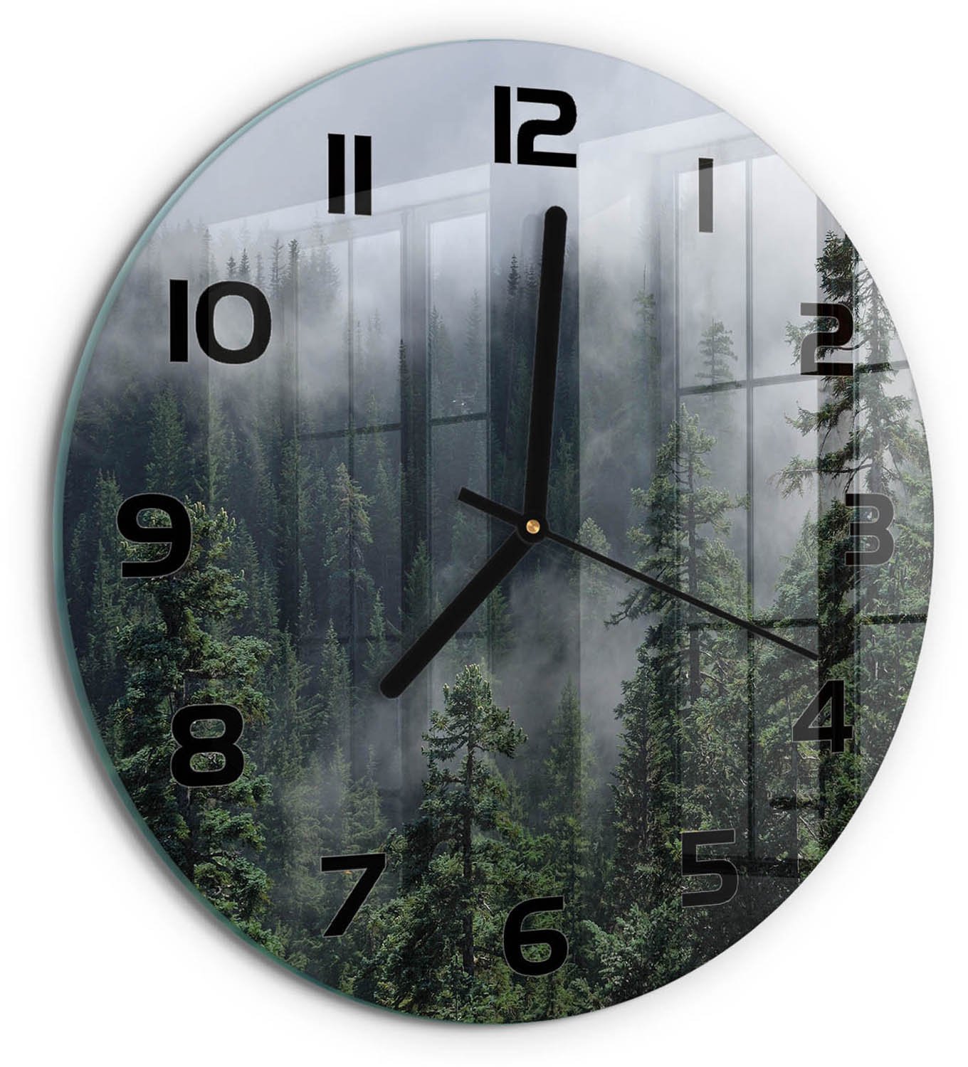 TULUP Wandklok - Bosmist Wandklok Glas Met Motief - fi30 cm - Groente Decoratieve Glazen Klok - Zwarte handen - Ronde Klok - Gekleurde Glazen Klok - Glazen Klok Met Print