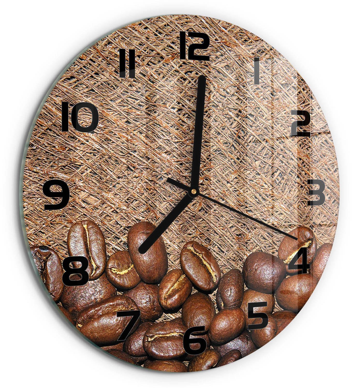 TULUP Wandklok - Koffiebonen Moderne Wandklok Glas - fi30 cm - Bruin Wandklok Glas Decoratie - Zwarte handen - Ronde Klok - Glazen Wandklok Design - Klok Glas Met Opdruk