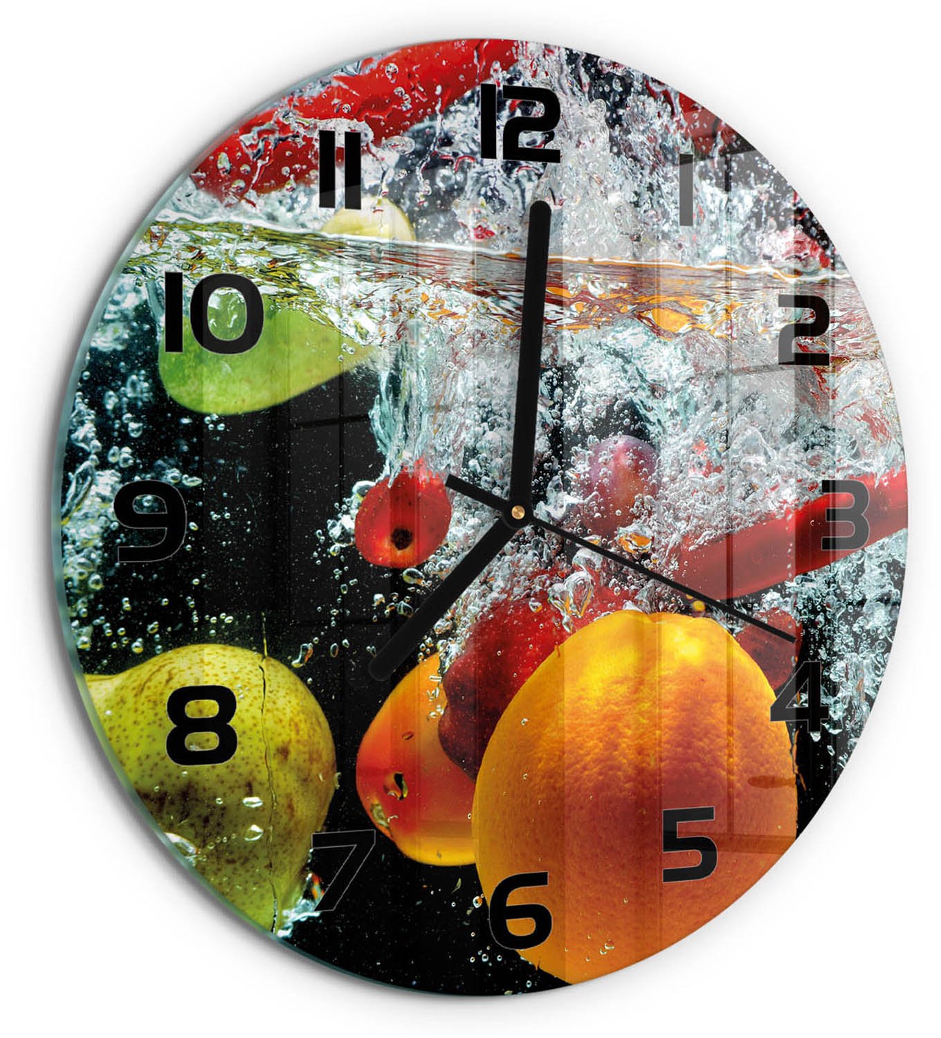 TULUP Wandklok - Fruit onder water Wandklok Glas Decoratie - fi30 cm - Veelkleurig Gekleurde Glazen Klok - Zwarte handen - Ronde Klok - Klok Glas Met Opdruk - Moderne Wandklok Glas