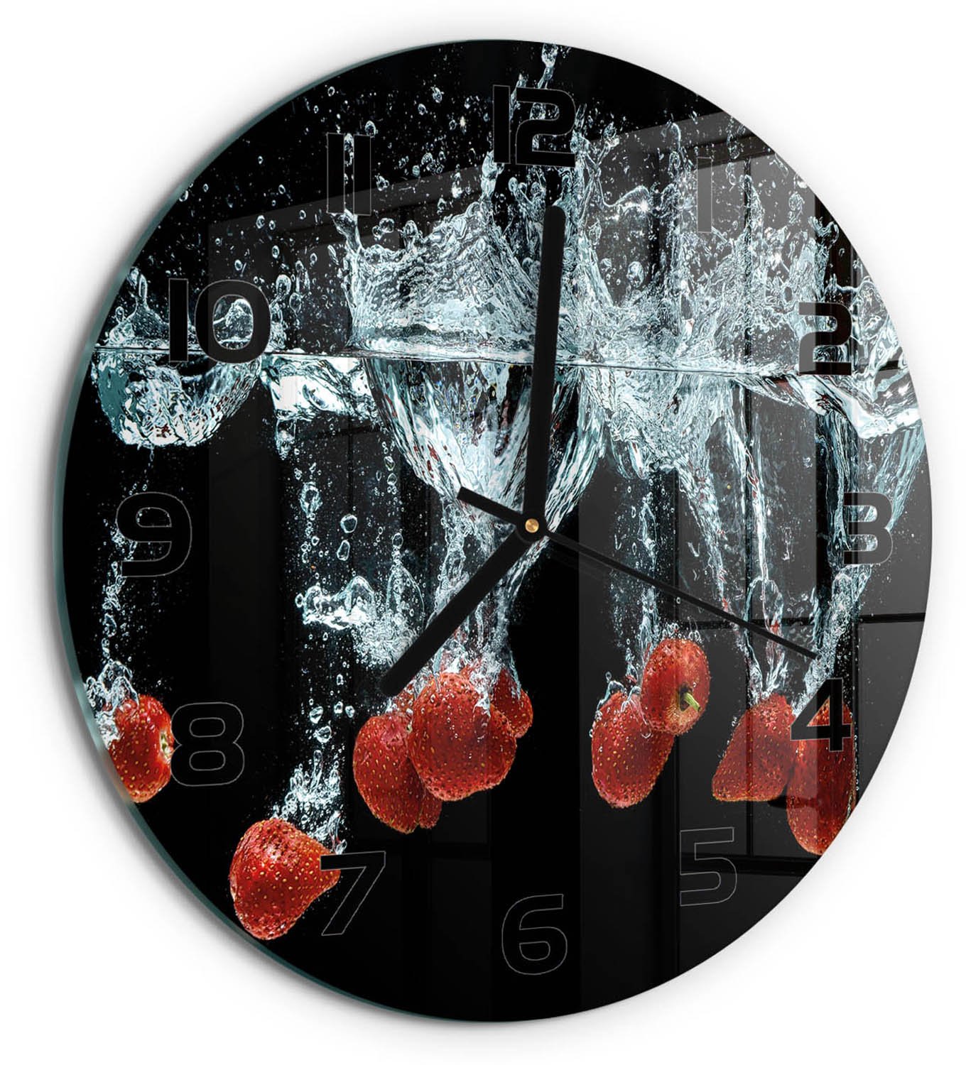 TULUP Wandklok - Aardbeien onder water Moderne Wandklok Glas - fi30 cm - Rood Wandklok Glas Decoratie - Zwarte handen - Ronde Klok - Glazen Wandklok Design - Klok Glas Met Opdruk
