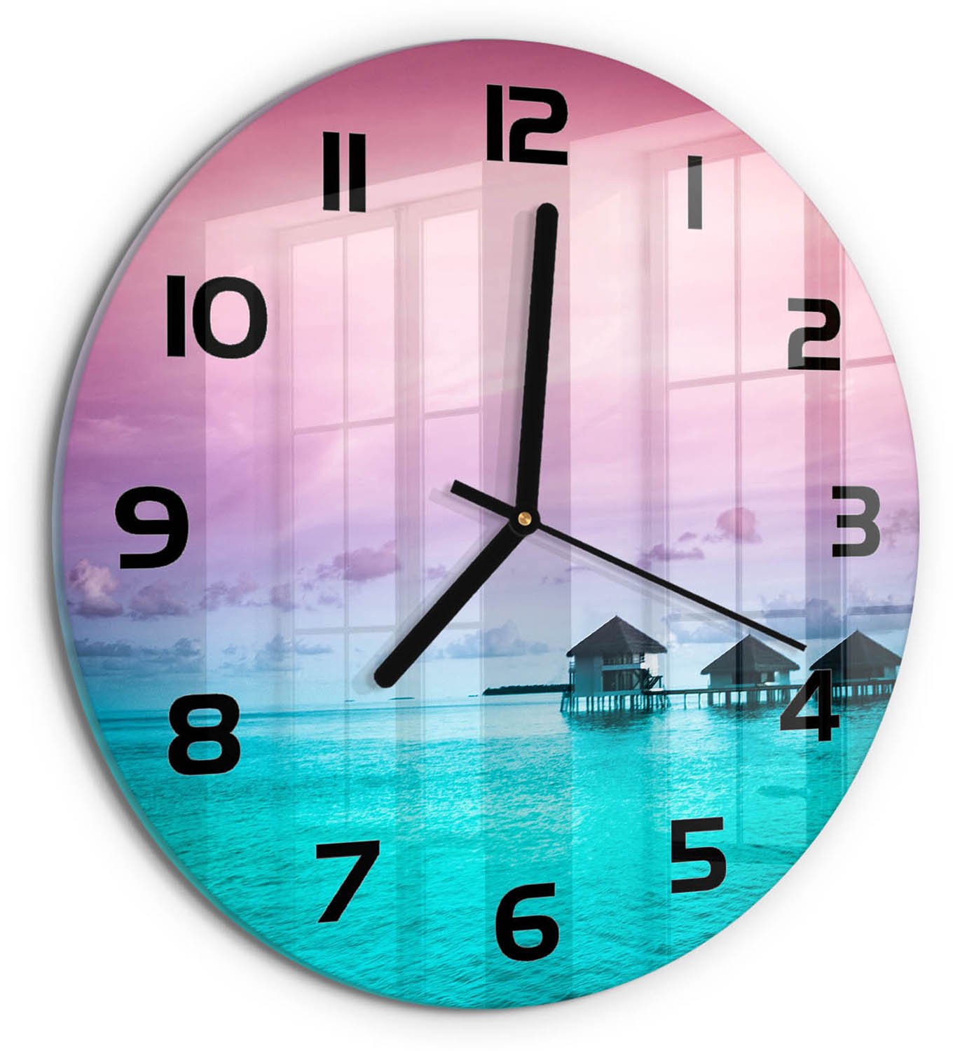 TULUP Wandklok - Bungalows aan het water Glazen Klok Met Print - fi30 cm - Blauw Wandklok Glas Met Motief - Zwarte handen - Ronde Klok - Wandklok Glas Decoratie - Gekleurde Glazen Klok