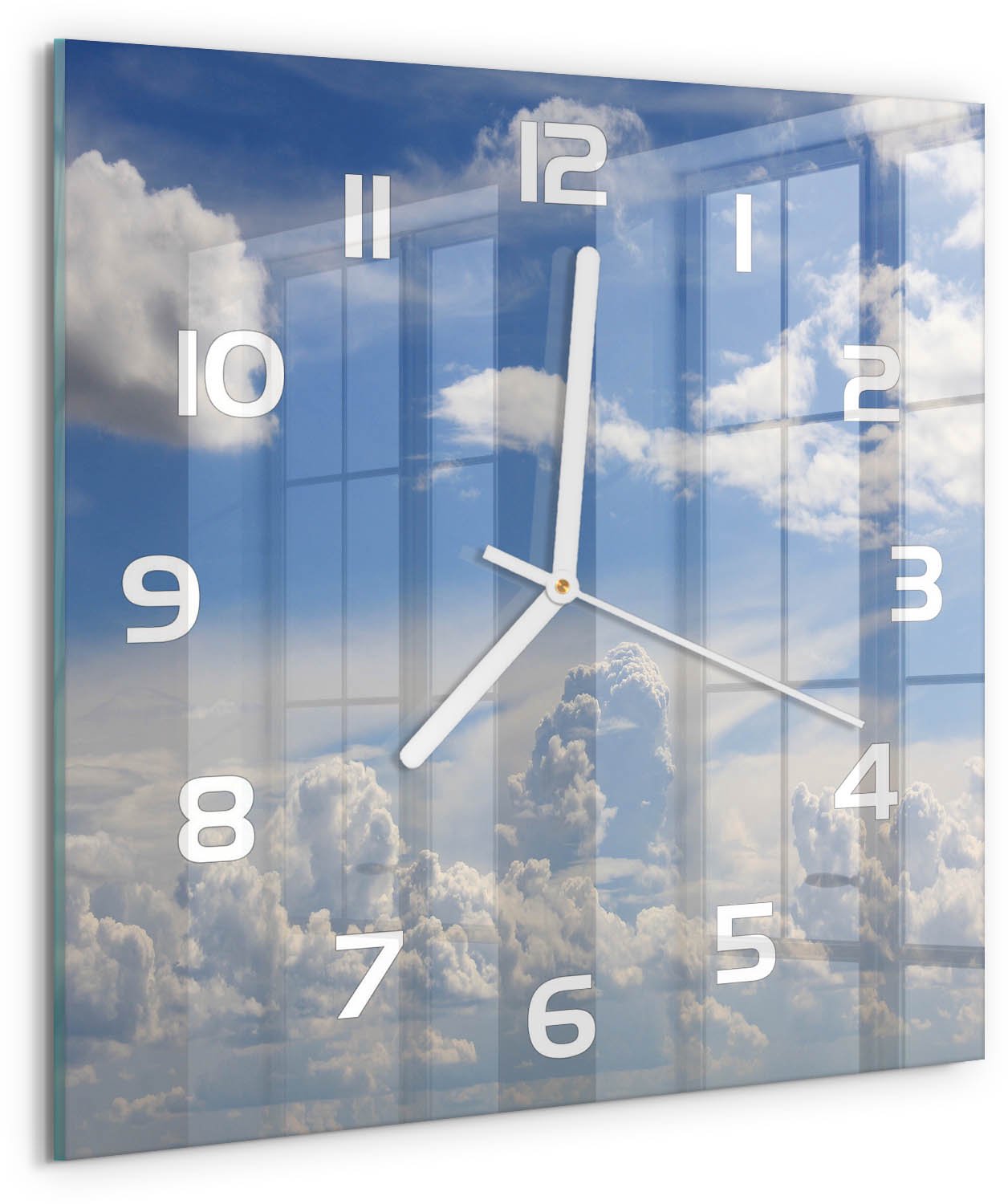 Tulup Wandklok - Wolken aan de hemel Wandklok Glas Met Motief - 30x30 cm - Blauw Decoratieve Glazen Klok - Witte handen - Vierkante Klok - Gekleurde Glazen Klok - Glazen Klok Met Print