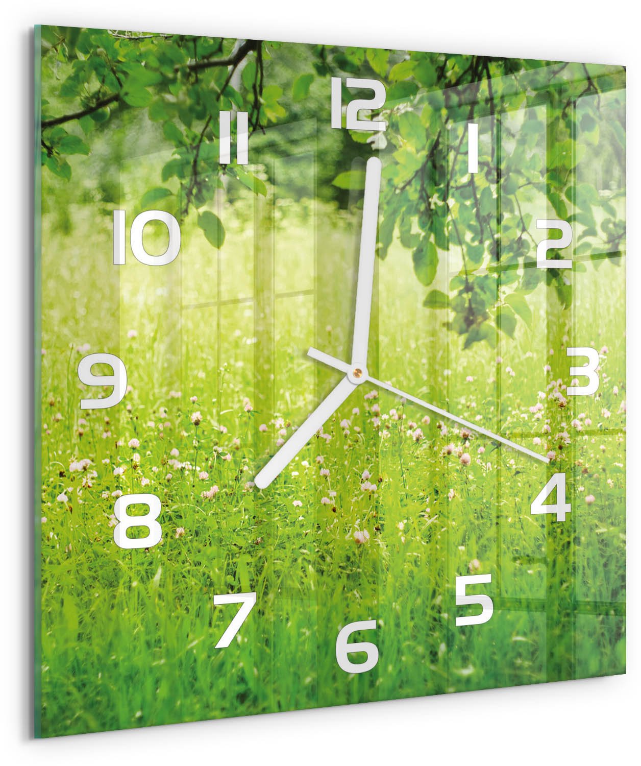 Tulup Wandklok - Groene weide Wandklok Glas Met Motief - 30x30 cm - Groente Decoratieve Glazen Klok - Witte handen - Vierkante Klok - Gekleurde Glazen Klok - Glazen Klok Met Print
