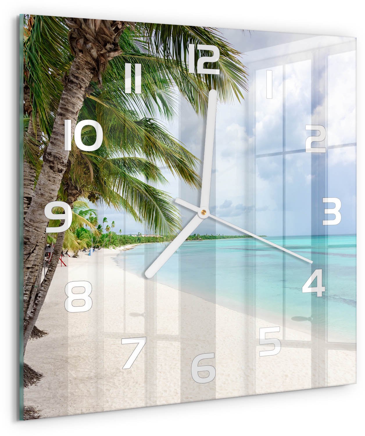 Tulup Wandklok - Tropisch strand Moderne Wandklok Glas - 30x30 cm - Groente Wandklok Glas Decoratie - Witte handen - Vierkante Klok - Glazen Wandklok Design - Klok Glas Met Opdruk