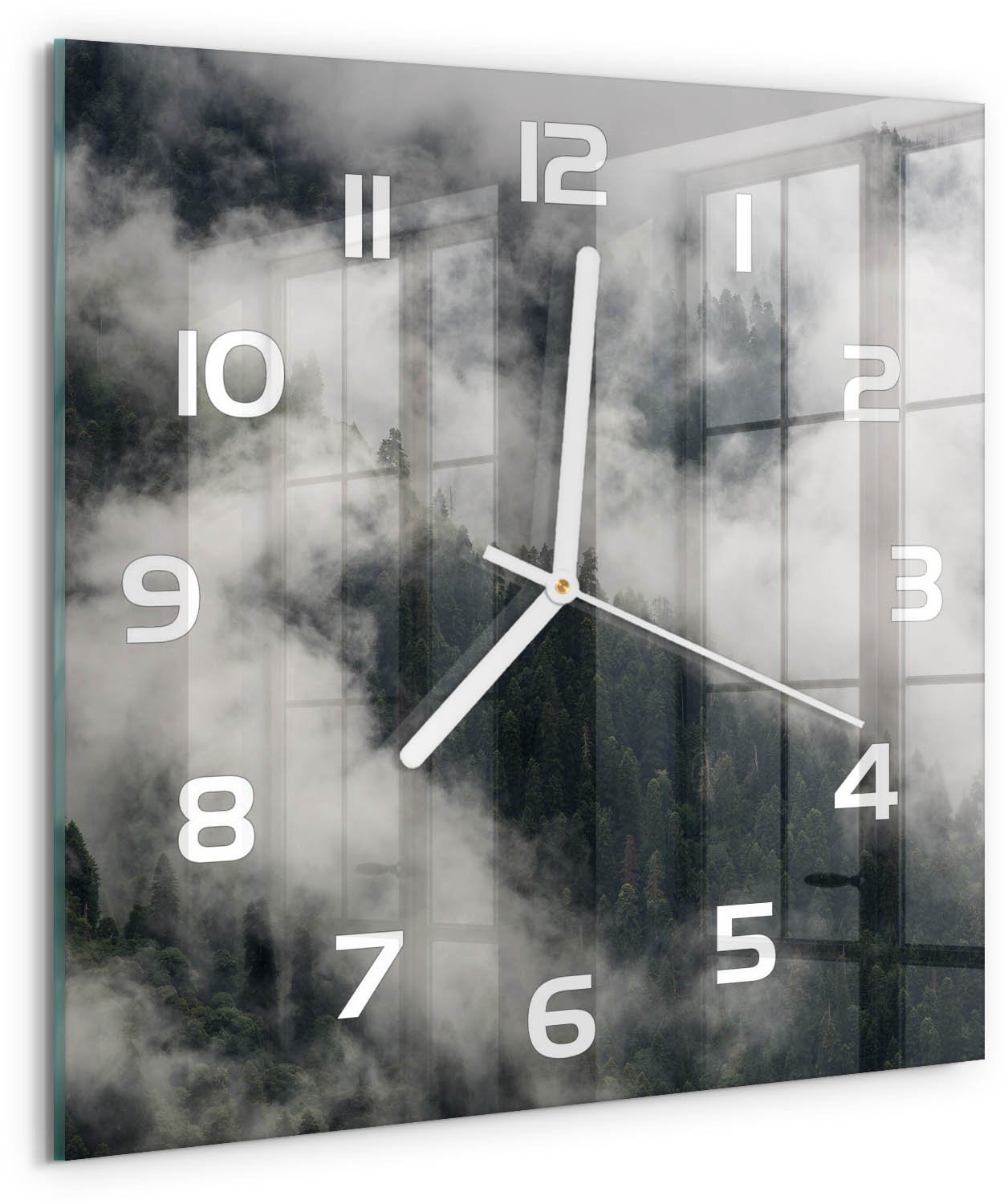 Tulup Wandklok - Mist boven het bos Gekleurde Glazen Klok - 30x30 cm - Grijs Glazen Klok Met Print - Witte handen - Vierkante Klok - Moderne Wandklok Glas - Wandklok Glas Decoratie