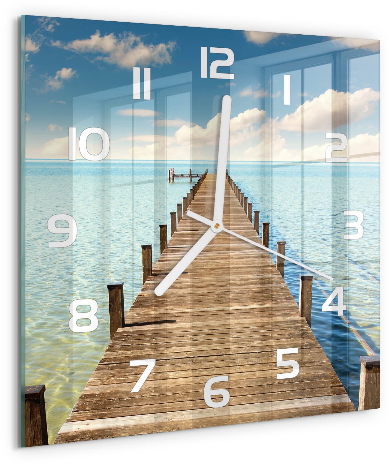 Tulup Wandklok - Houten brug Glazen Wandklok Design - 30x30 cm - Blauw Klok Glas Met Opdruk - Witte handen - Vierkante Klok - Wandklok Glas Met Motief - Decoratieve Glazen Klok