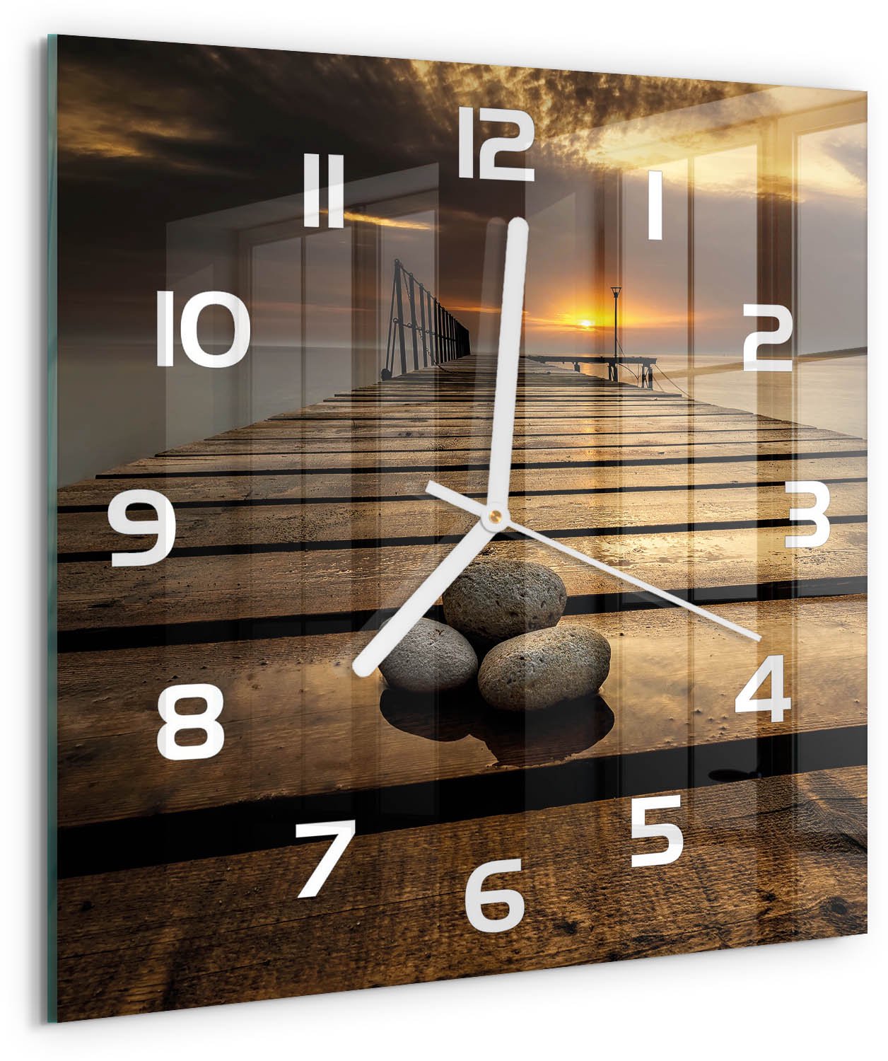 Tulup Wandklok - Houten brug Glazen Klok Met Print - 30x30 cm - Bruin Wandklok Glas Met Motief - Witte handen - Vierkante Klok - Wandklok Glas Decoratie - Gekleurde Glazen Klok