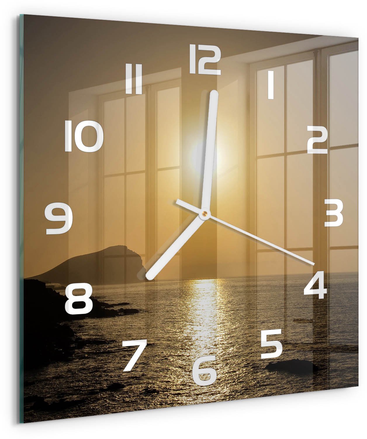 Tulup Wandklok - Zonsondergang Zee Klok Glas Met Opdruk - 30x30 cm - Geel Moderne Wandklok Glas - Witte handen - Vierkante Klok - Decoratieve Glazen Klok - Glazen Wandklok Design