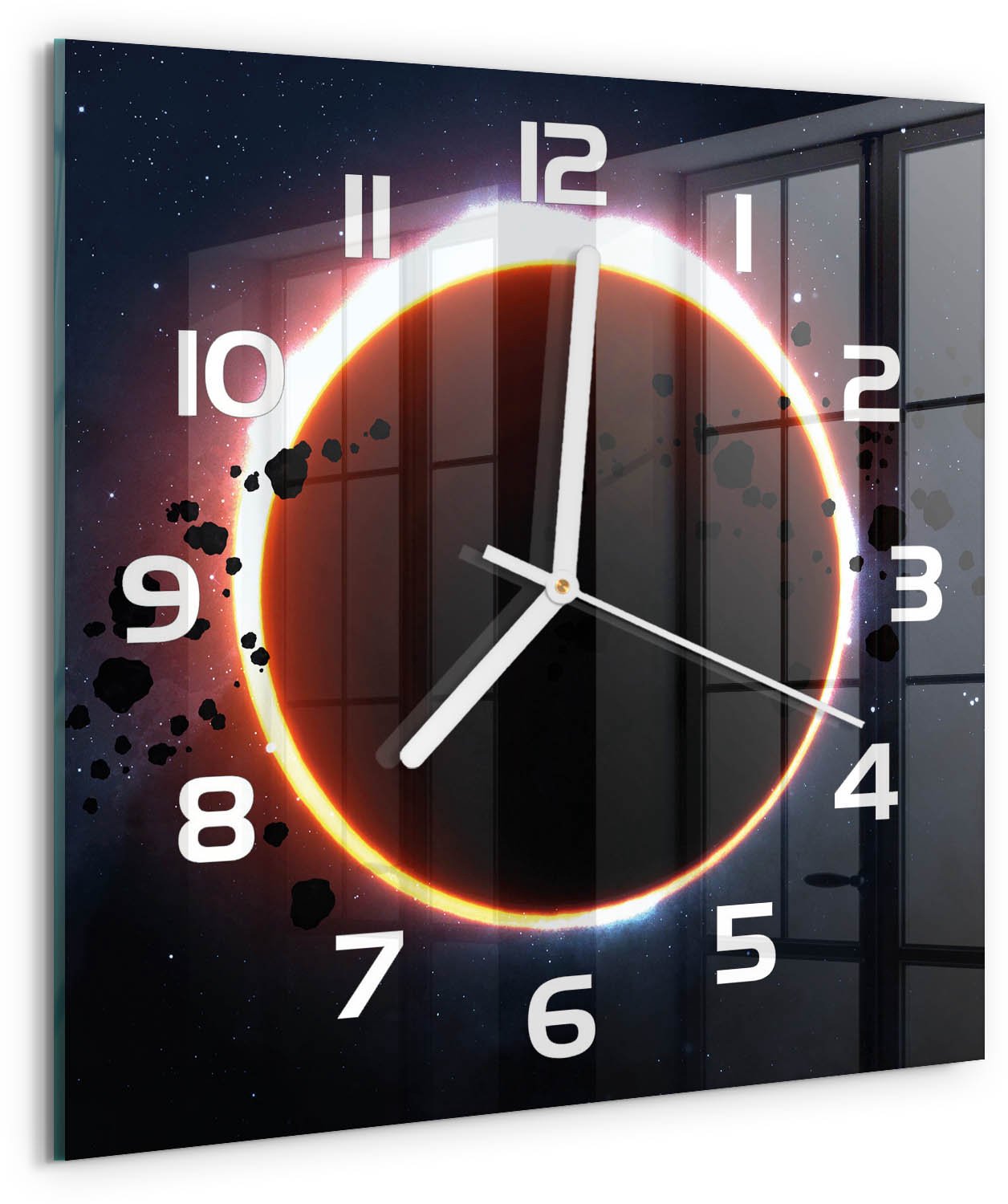 TULUP Wandklok - zonsverduistering Wandklok Glas Decoratie - 30x30 cm - Oranje Gekleurde Glazen Klok - Witte handen - Vierkante Klok - Klok Glas Met Opdruk - Moderne Wandklok Glas
