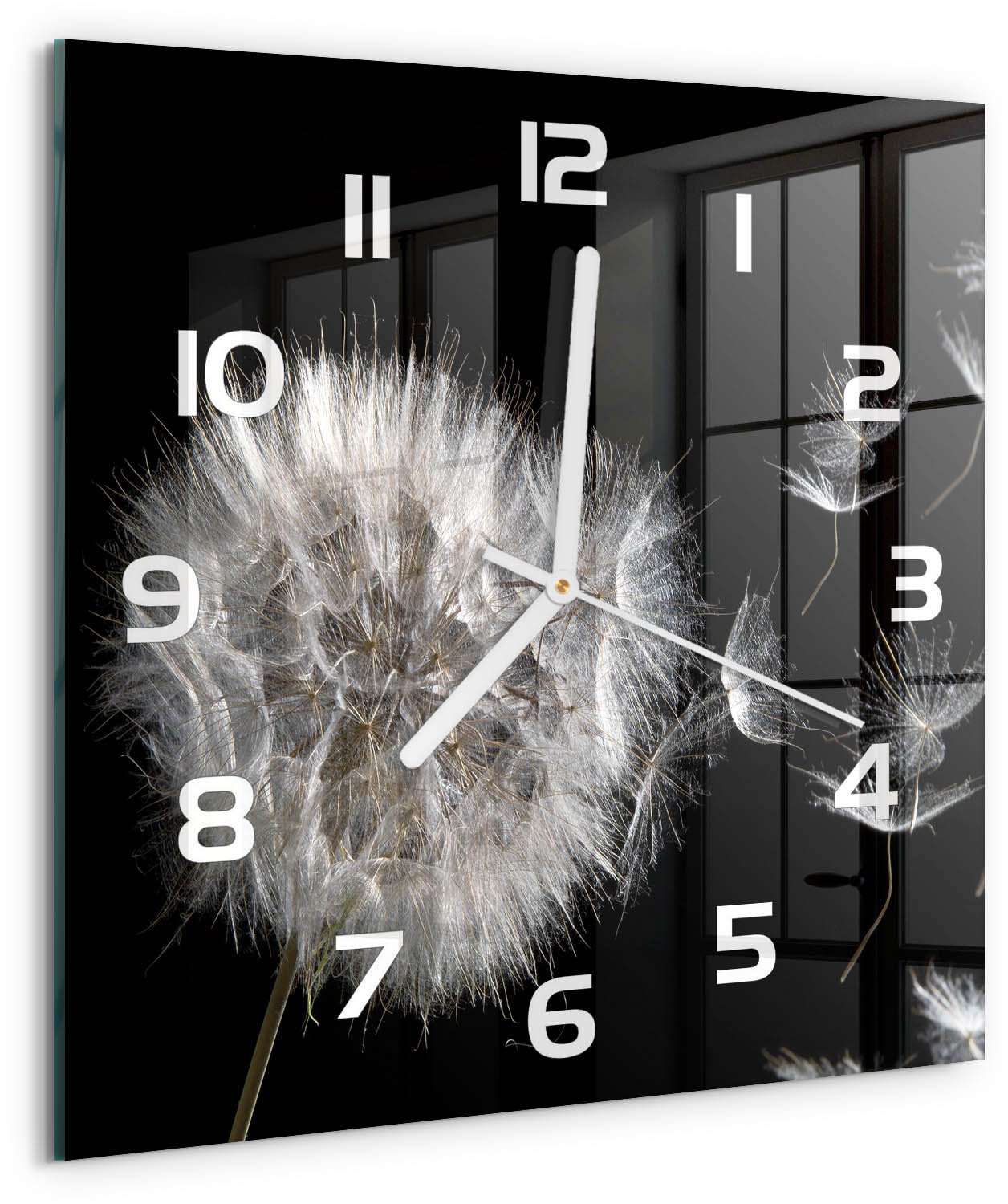 Tulup Wandklok - Paardebloem Decoratieve Glazen Klok - 30x30 cm - Zwart Glazen Wandklok Design - Witte handen - Vierkante Klok - Glazen Klok Met Print - Wandklok Glas Met Motief