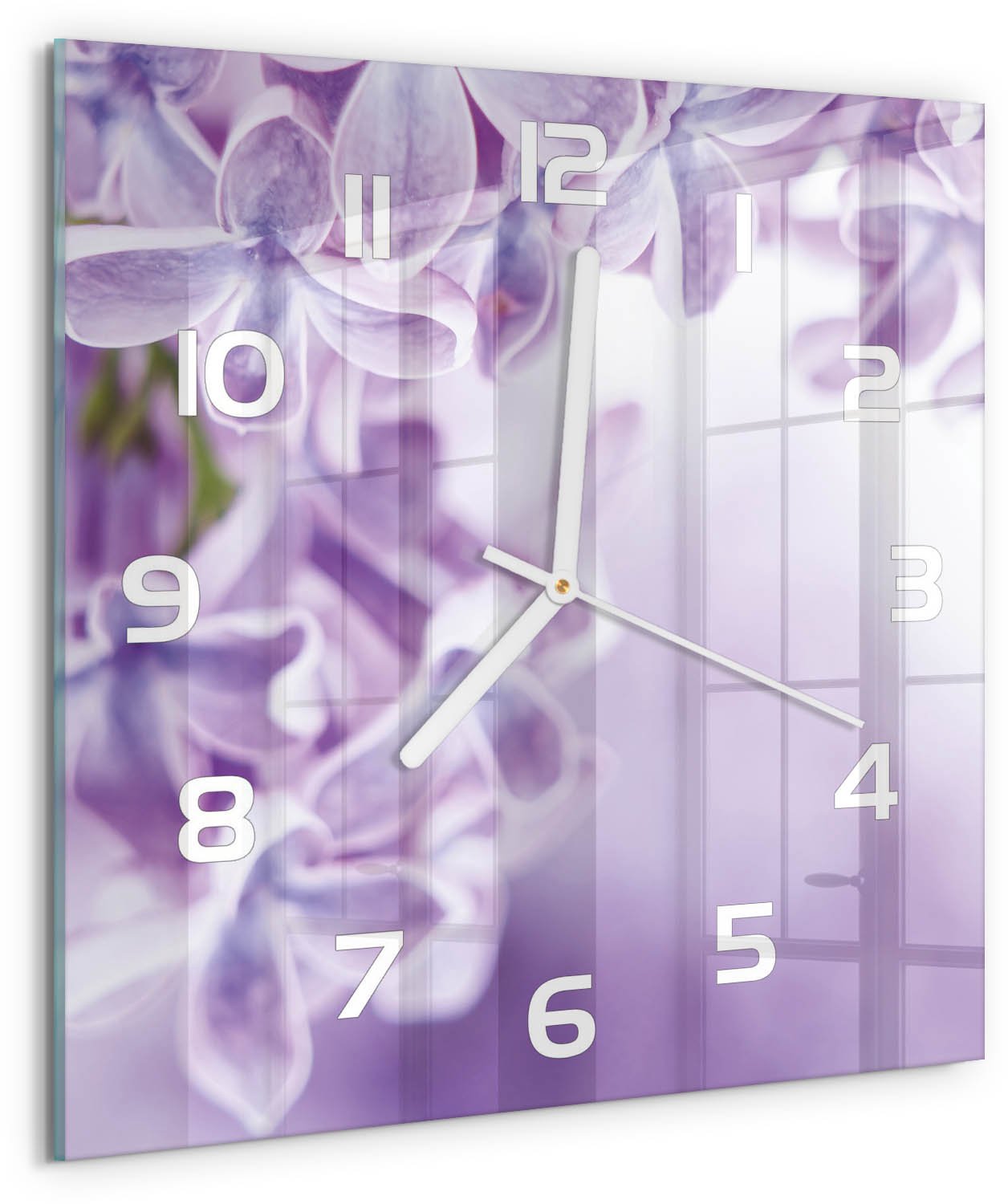 Tulup Wandklok - Paarse bloemen Wandklok Glas Decoratie - 30x30 cm - Paars Gekleurde Glazen Klok - Witte handen - Vierkante Klok - Klok Glas Met Opdruk - Moderne Wandklok Glas