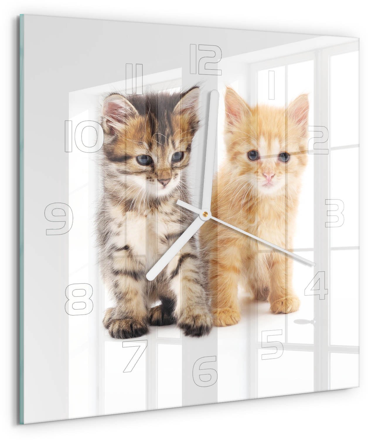 Tulup Wandklok - Bruinrode kat Glazen Wandklok Design - 30x30 cm - Oranje Klok Glas Met Opdruk - Witte handen - Vierkante Klok - Wandklok Glas Met Motief - Decoratieve Glazen Klok