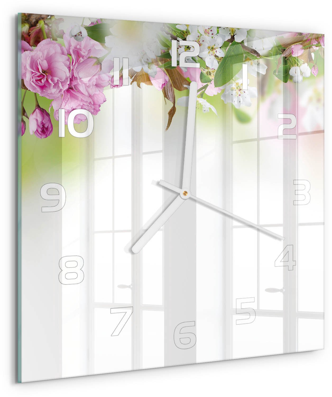 Tulup Wandklok - Lentebloemen Klok Glas Met Opdruk - 30x30 cm - Veelkleurig Moderne Wandklok Glas - Witte handen - Vierkante Klok - Decoratieve Glazen Klok - Glazen Wandklok Design