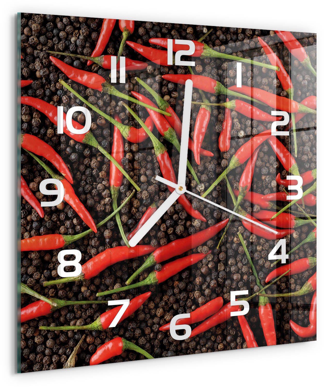 Tulup Wandklok - Chilipepers Gekleurde Glazen Klok - 30x30 cm - Rood Glazen Klok Met Print - Witte handen - Vierkante Klok - Moderne Wandklok Glas - Wandklok Glas Decoratie