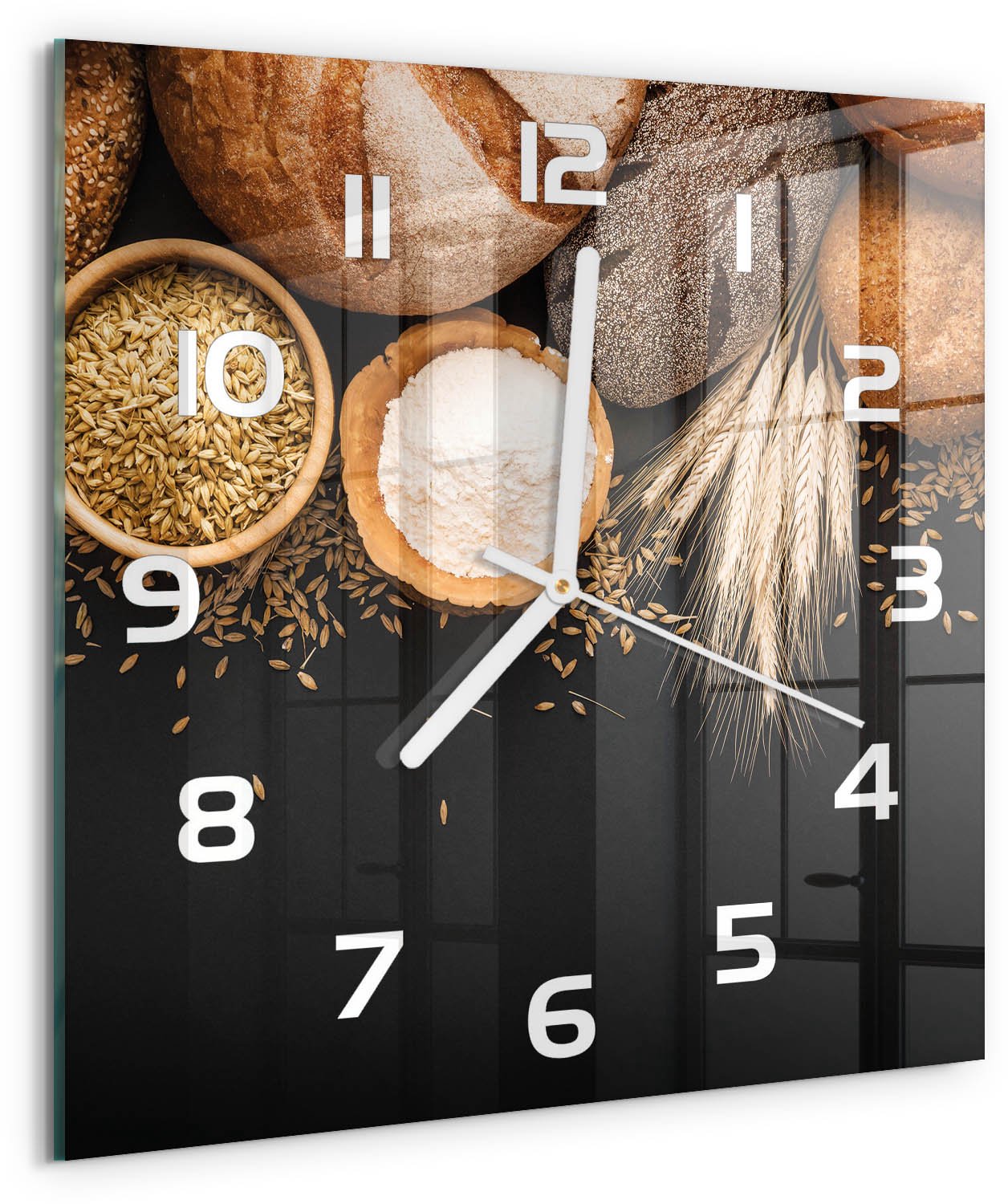 Tulup Wandklok - Brood en tarwe Wandklok Glas Met Motief - 30x30 cm - Bruin Decoratieve Glazen Klok - Witte handen - Vierkante Klok - Gekleurde Glazen Klok - Glazen Klok Met Print