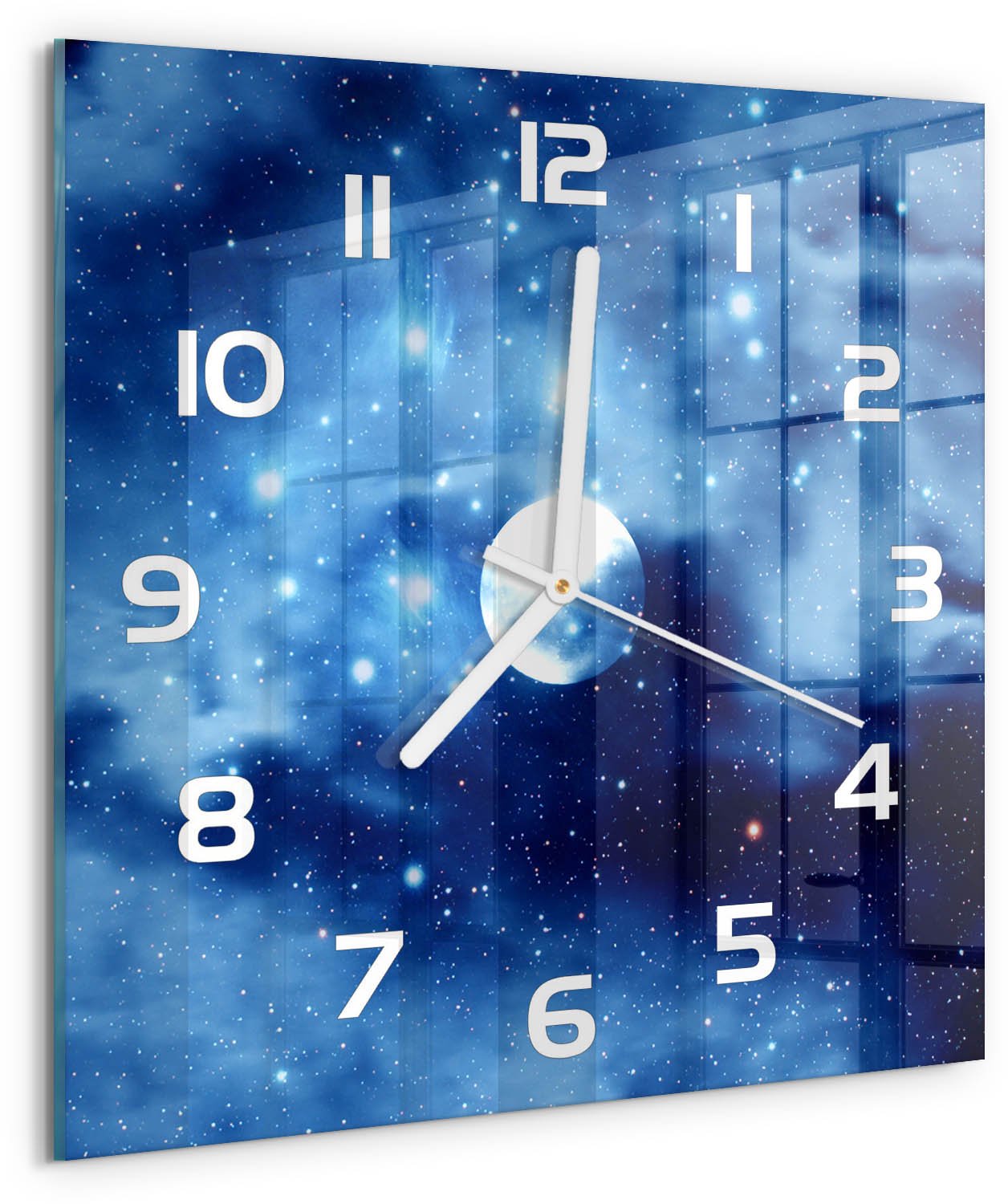 TULUP Wandklok - Volle maan Klok Glas Met Opdruk - 30x30 cm - Blauw Moderne Wandklok Glas - Witte handen - Vierkante Klok - Decoratieve Glazen Klok - Glazen Wandklok Design
