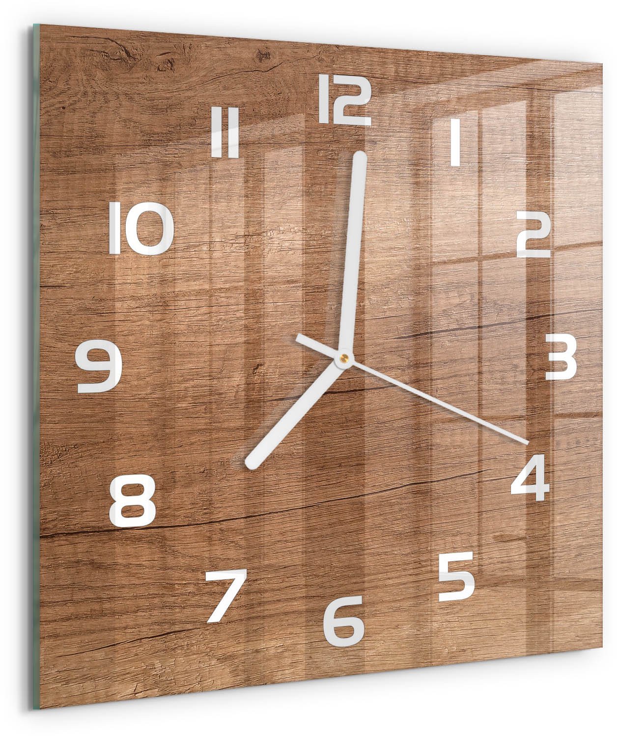 Tulup Wandklok - Houten achtergrond Wandklok Glas Decoratie - 30x30 cm - Bruin Gekleurde Glazen Klok - Witte handen - Vierkante Klok - Klok Glas Met Opdruk - Moderne Wandklok Glas