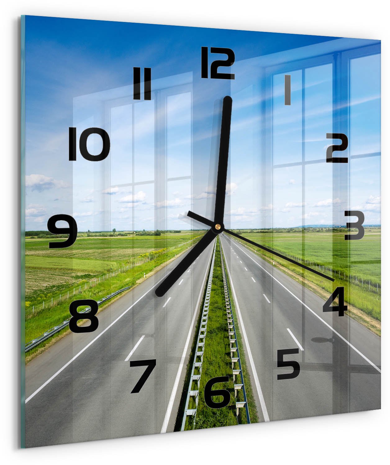 Tulup Wandklok - Snelweg Wandklok Glas Decoratie - 30x30 cm - Groente Gekleurde Glazen Klok - Zwarte handen - Vierkante Klok - Klok Glas Met Opdruk - Moderne Wandklok Glas