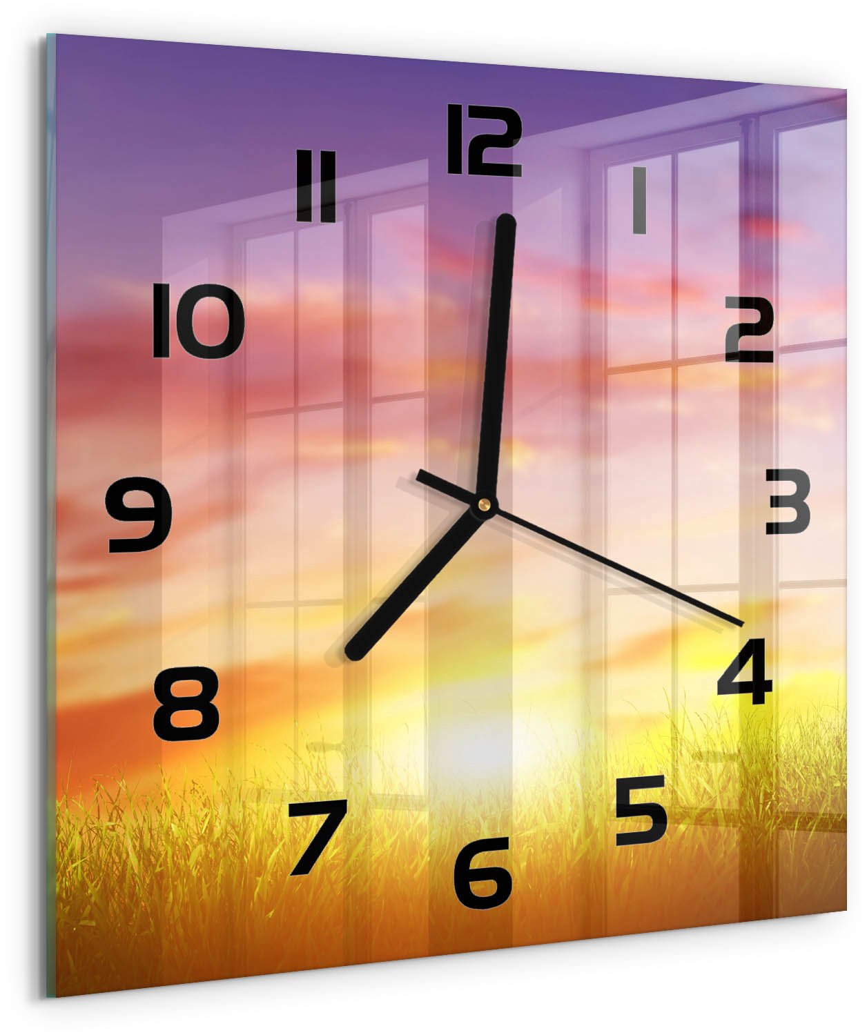 Tulup Wandklok - Zonsondergang Wandklok Glas Decoratie - 30x30 cm - Veelkleurig Gekleurde Glazen Klok - Zwarte handen - Vierkante Klok - Klok Glas Met Opdruk - Moderne Wandklok Glas
