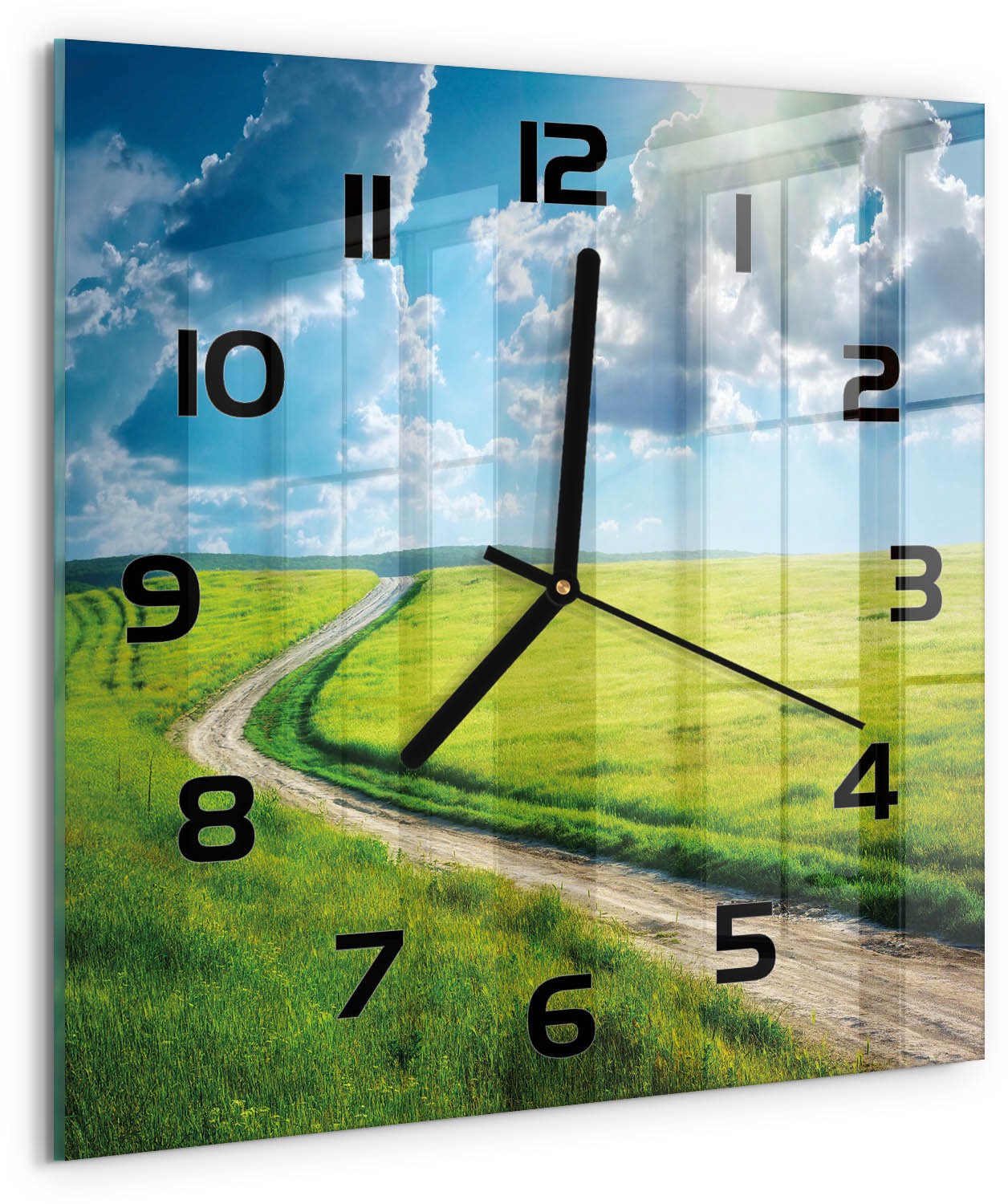 Tulup Wandklok - Pad in de weide Wandklok Glas Decoratie - 30x30 cm - Groente Gekleurde Glazen Klok - Zwarte handen - Vierkante Klok - Klok Glas Met Opdruk - Moderne Wandklok Glas