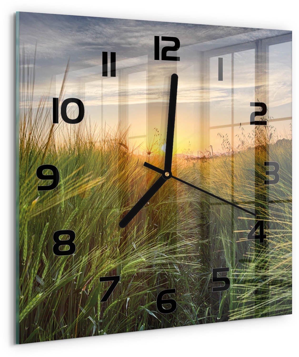 TULUP Wandklok - Tarweveld Decoratieve Glazen Klok - 30x30 cm - Groente Glazen Wandklok Design - Zwarte handen - Vierkante Klok - Glazen Klok Met Print - Wandklok Glas Met Motief